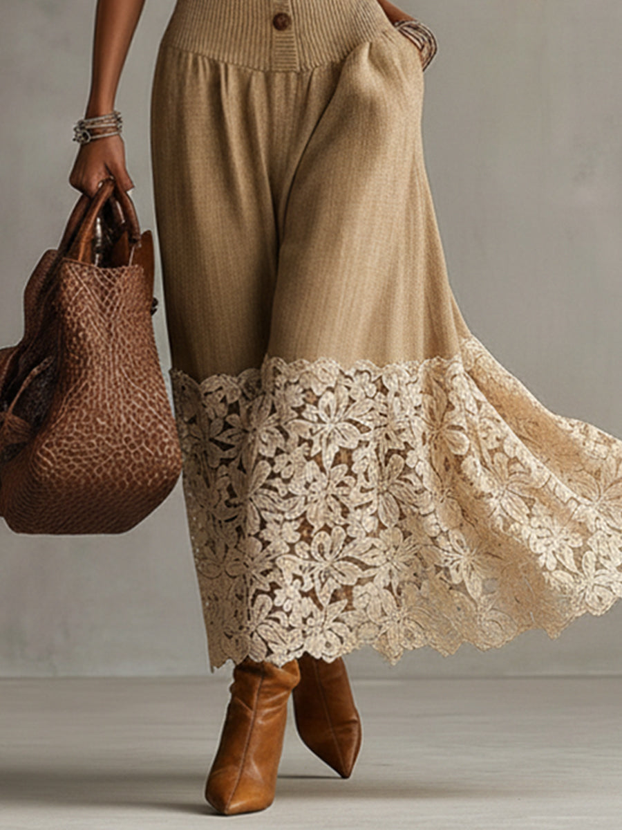 Light Camel Knit And Linen Maxi Dress With Lace Hem And Neck Wrap