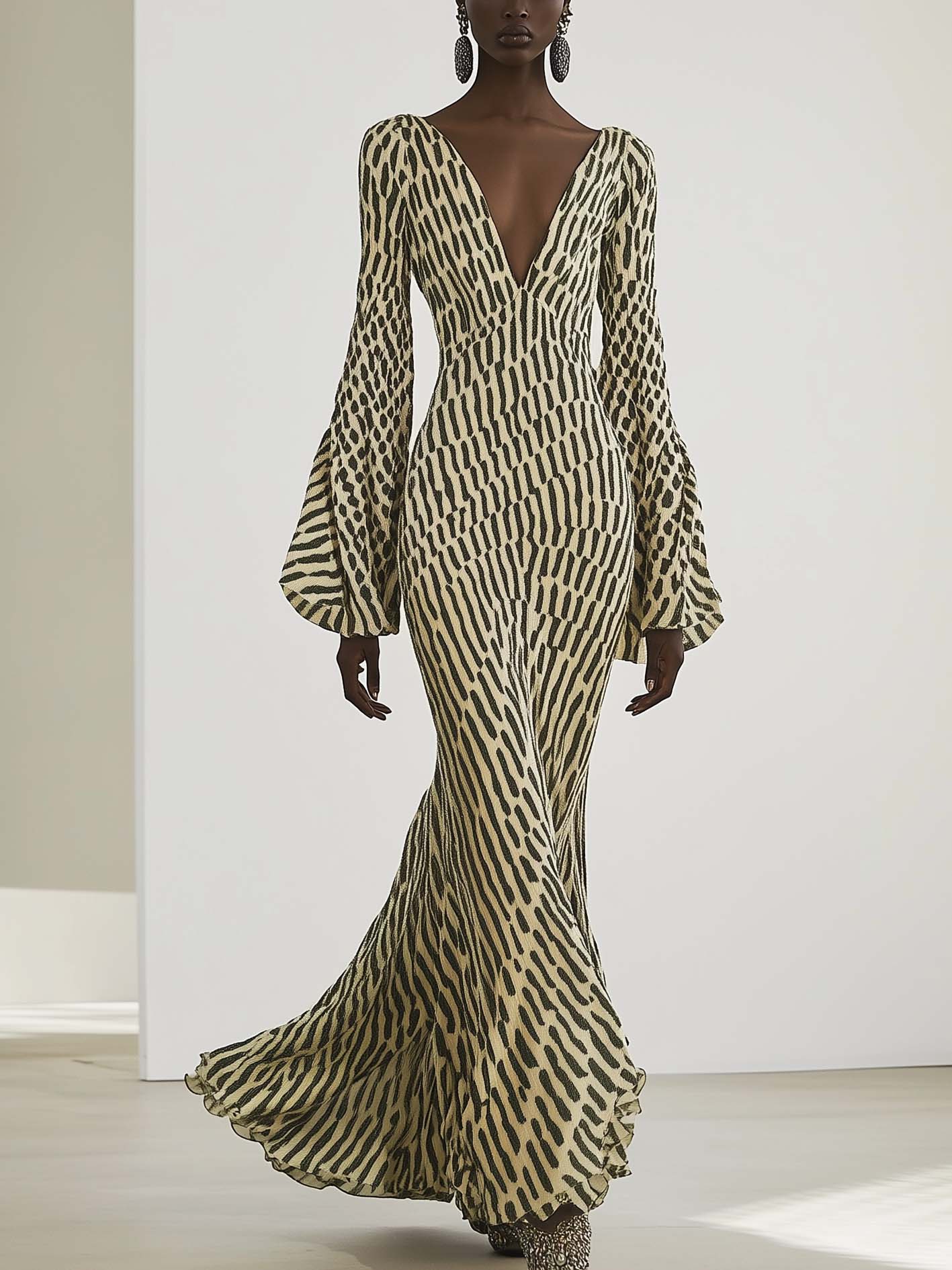 Beige Maxi Dress With Dark Green Print
