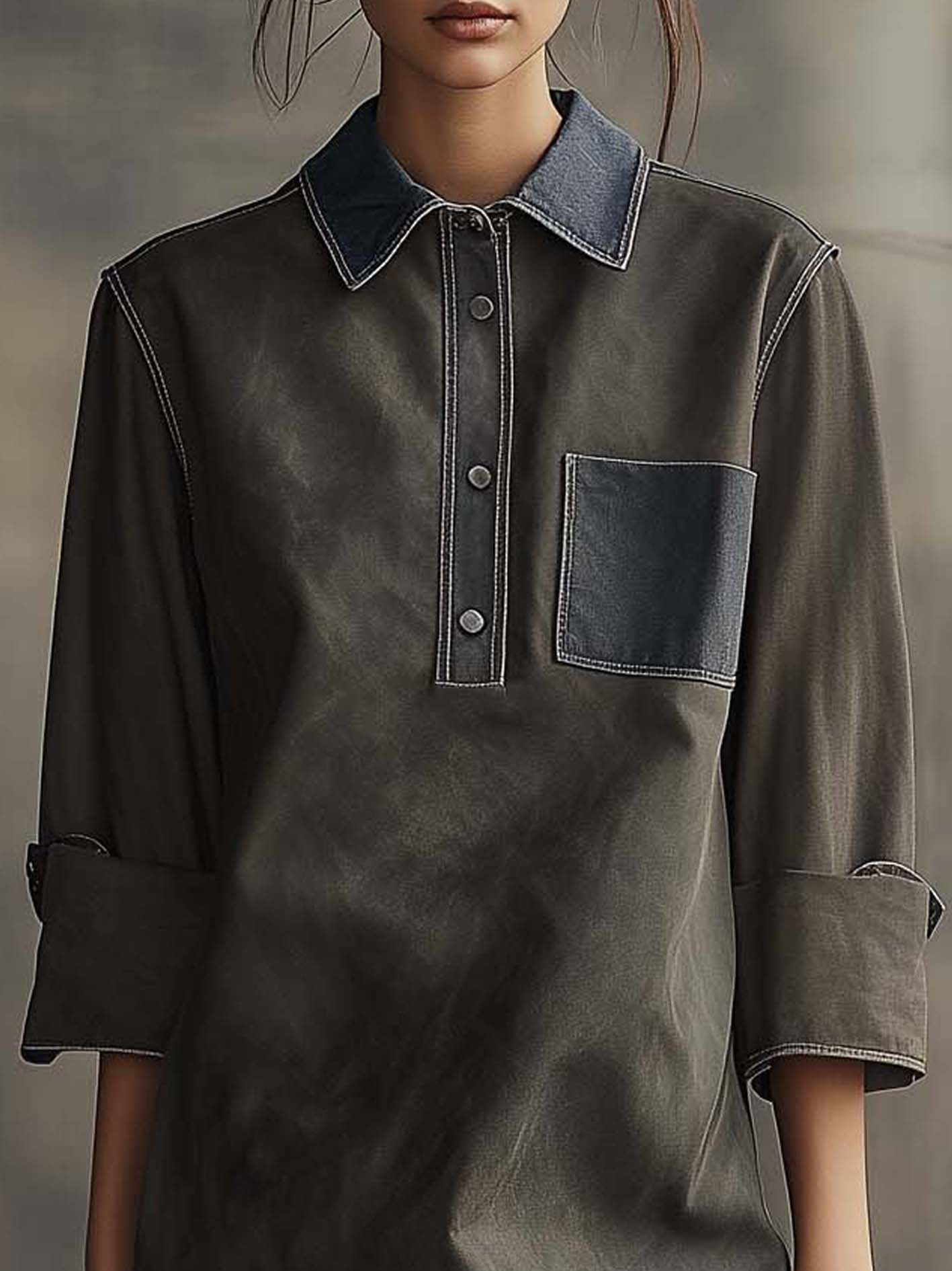 Gray Faux Suede Vintage Mini Dress With Denim Lapels