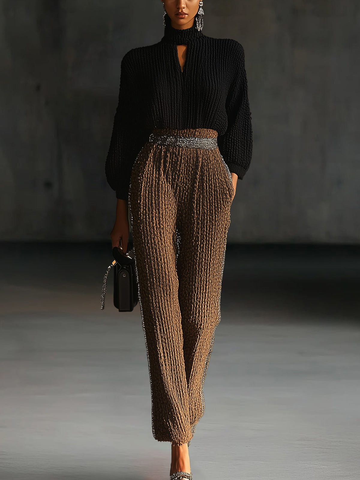 Black Knit High-Collar Top With Knit Bronze Pants Set