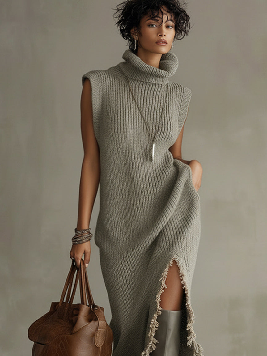 Sage Green Sleeveless High-Neck Fringe Knit Maxi Dress