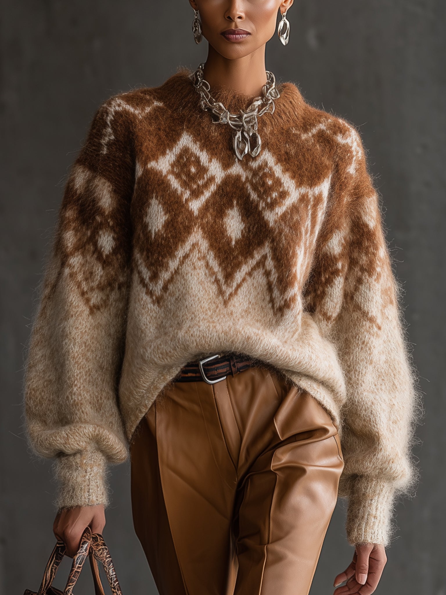Brown Geometric Pattern Mohair Blend Long Sleeve Sweater
