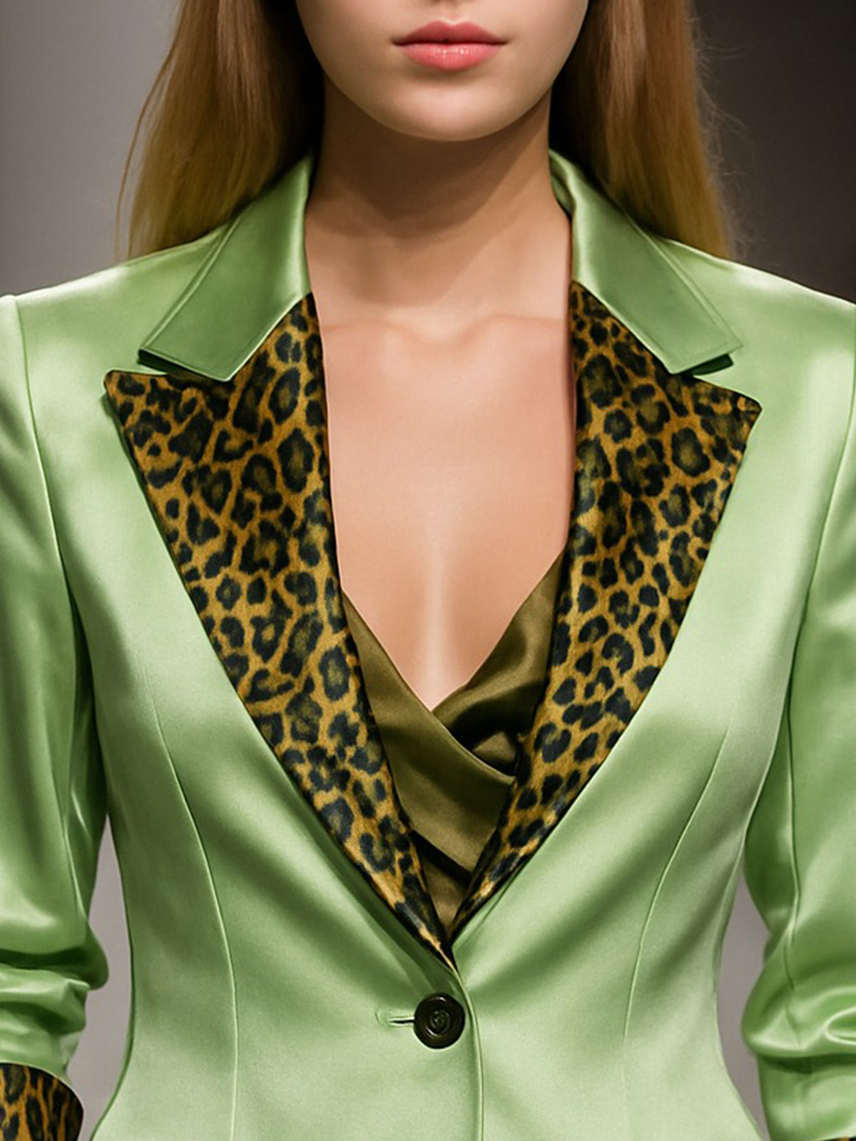 Chic Light Green Satin Blazer With Leopard Print Lapels And Cuffs