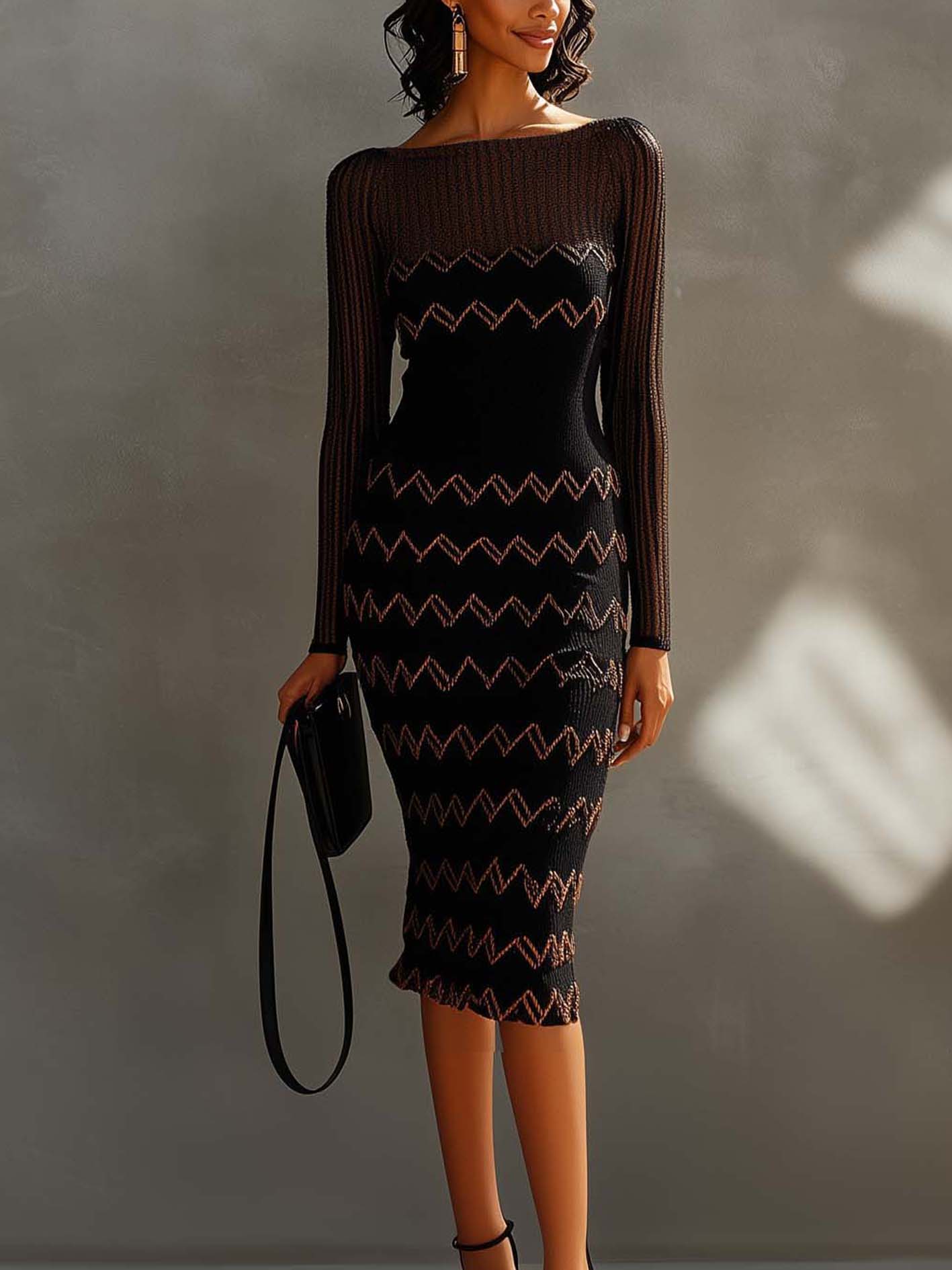 Black Knitted Bodycon Dress With See-through Design And Brown Lines