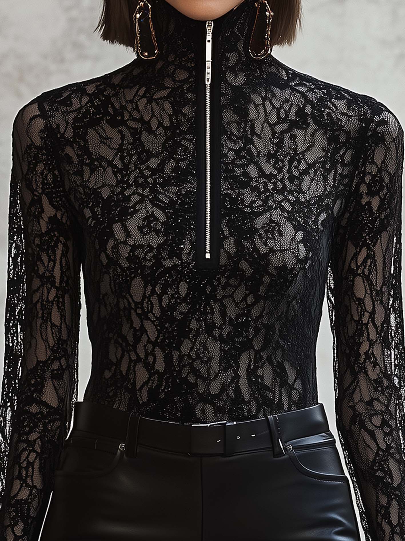 Elegant Black Lace T-shirt With Zipper Neckline