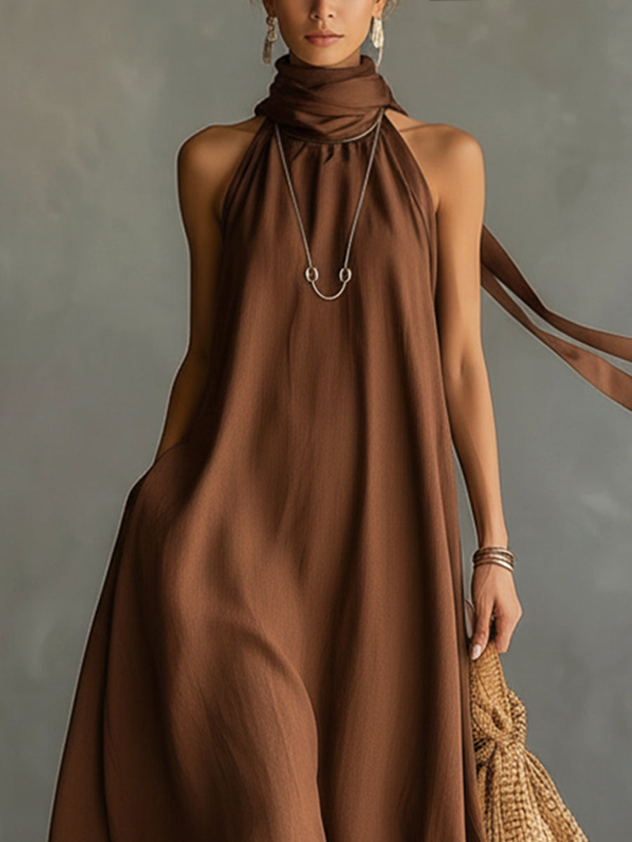 Brown Embroidered Linen Blend Sleeveless Satin High Neck Maxi Dress