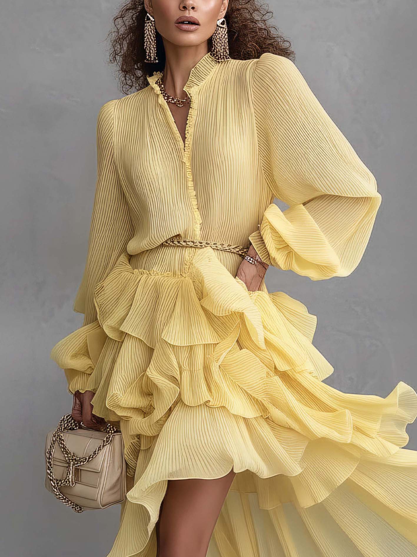 Yellow Textured Chiffon Patchwork Ruffle Irregular Hem Maxi Dress