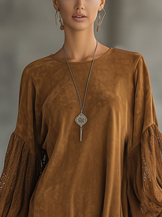 Brown Faux Suede Mini Dress With Lace Puff Sleeves And Ruffled Hem