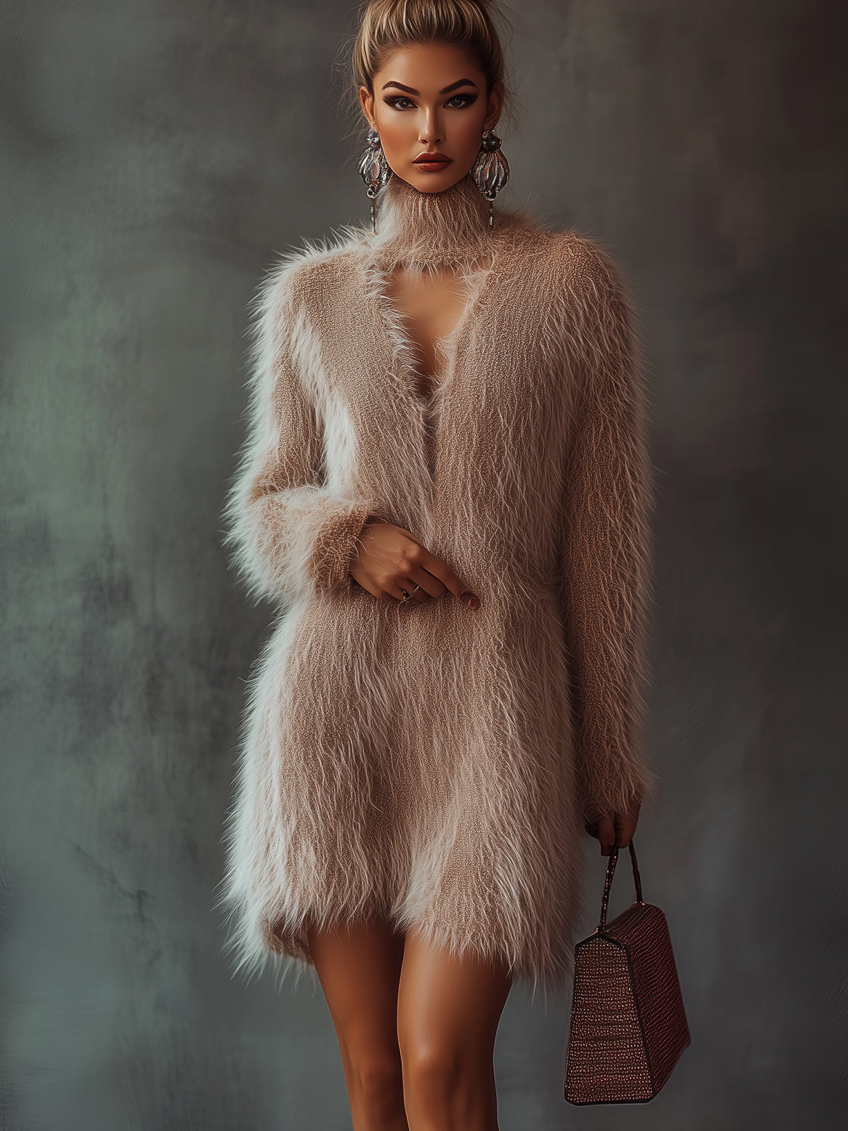 Pink Fuzzy Knit Dress With High Collar And Fluffy Texture