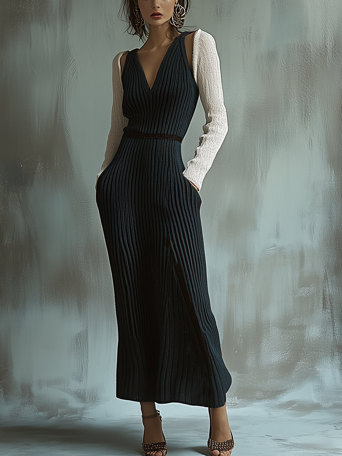Ribbed Knitted Maxi Dress and White Sleeves Set