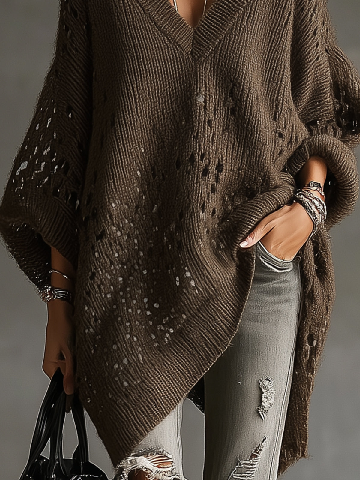Brown Oversized V-Neck Knit Sweater With Open-Stitch Detailing