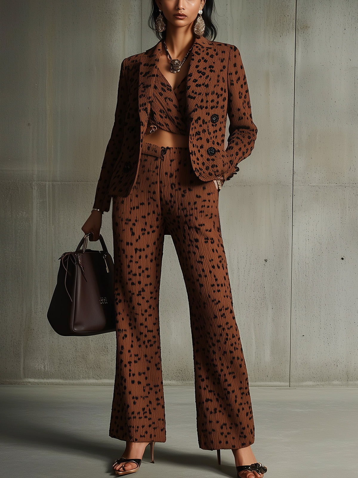 Animal Print Knit Blazer And Flared Pants Set