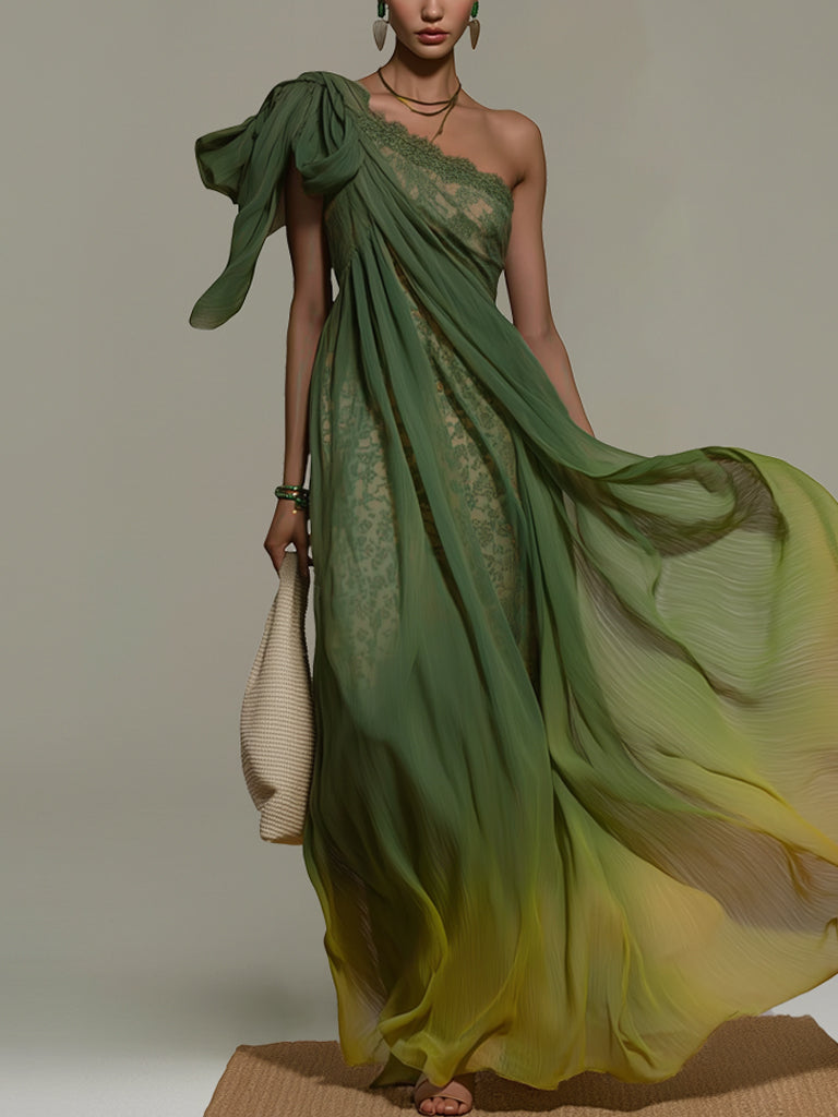 Emerald Gradient One Shoulder Chiffon Maxi Dress