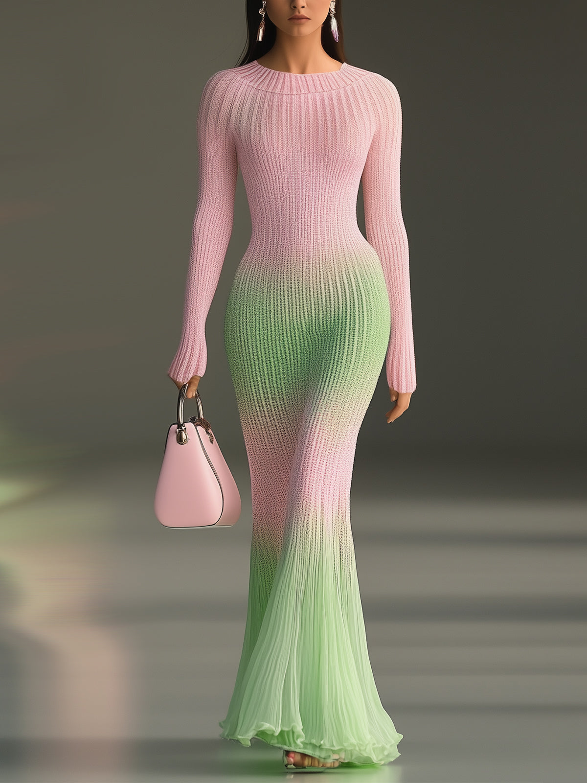 Ombre Ribbed Knit Maxi Dress With Flared Hem