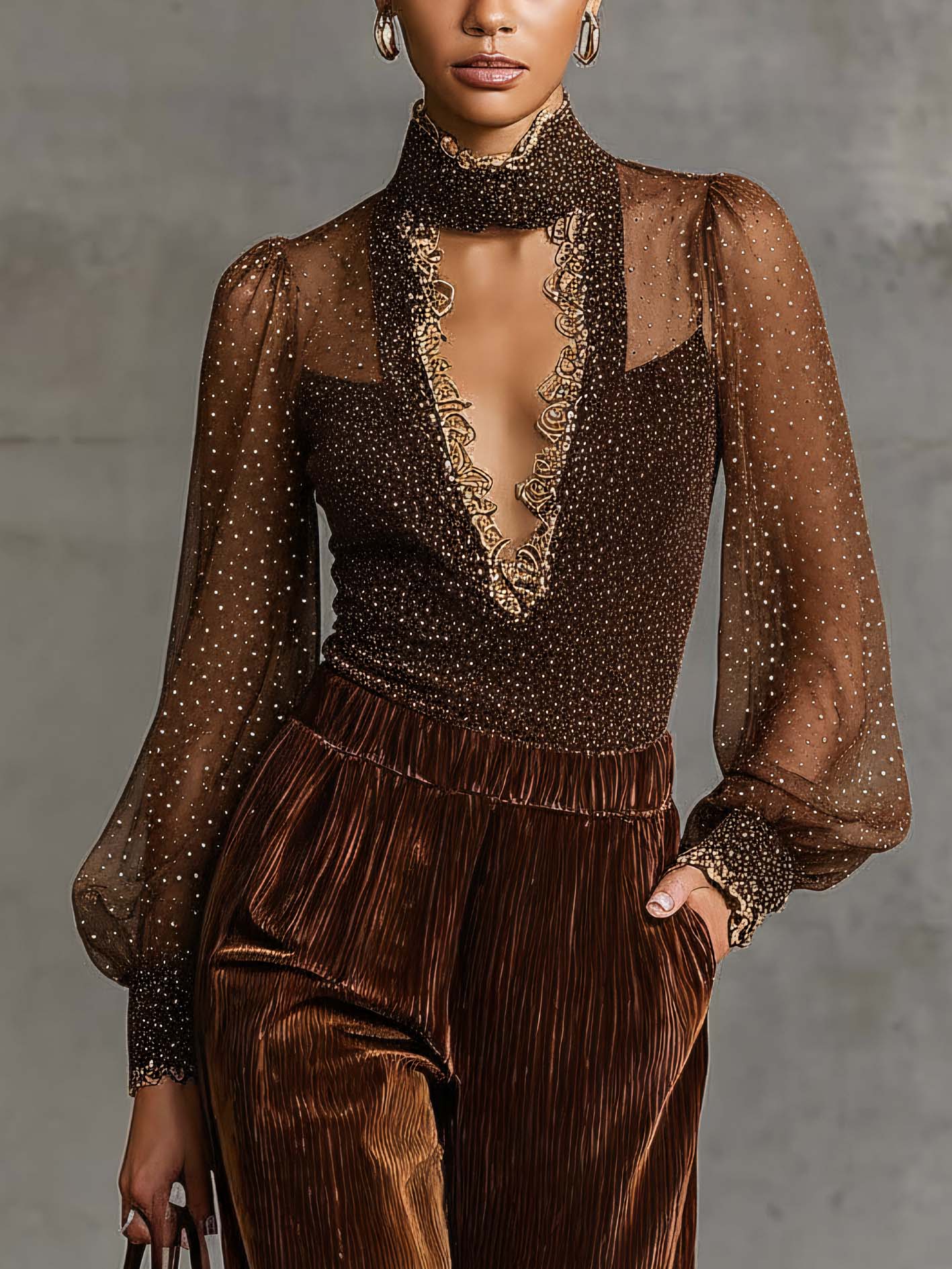 Brown Shimmer Chiffon Shirt With Lace Trim And Sheer Puff Sleeves