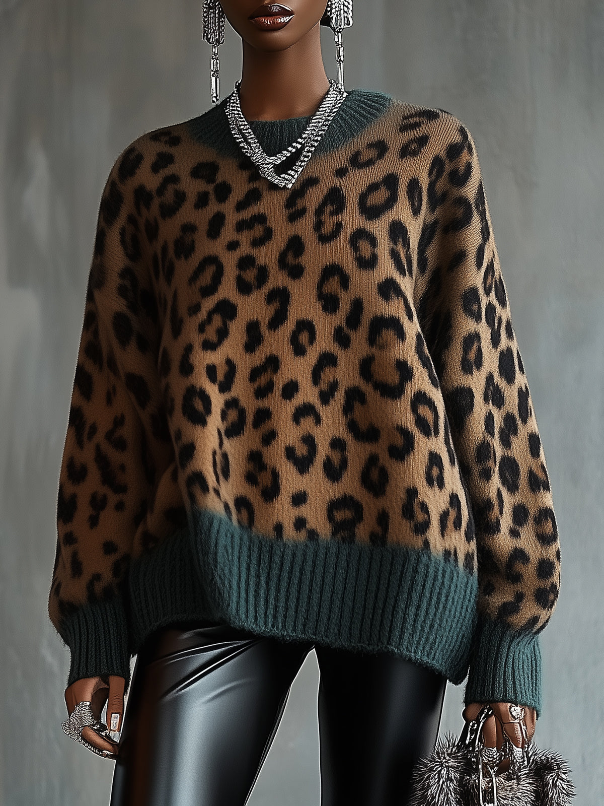 Leopard Print Knit Sweater With Contrasting Ribbed Trim