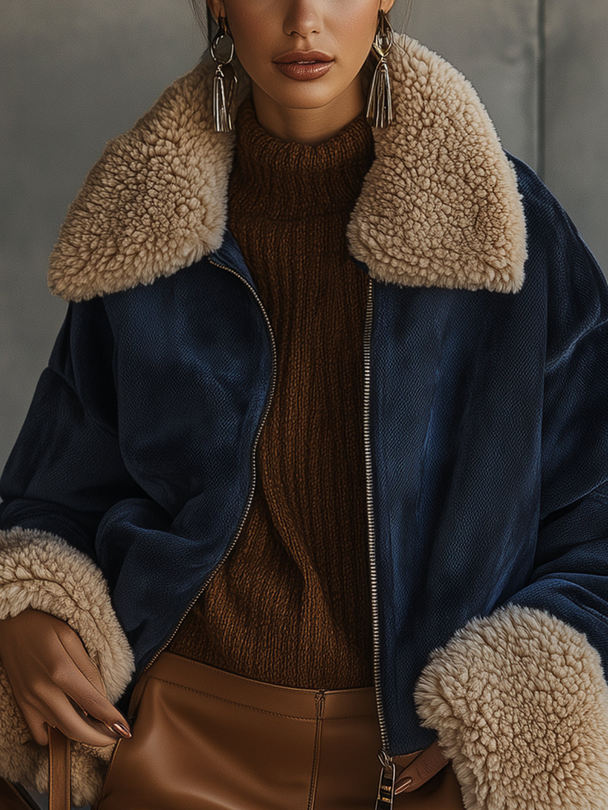 Navy Faux Shearling Aviator Jacket With Sherpa Trim