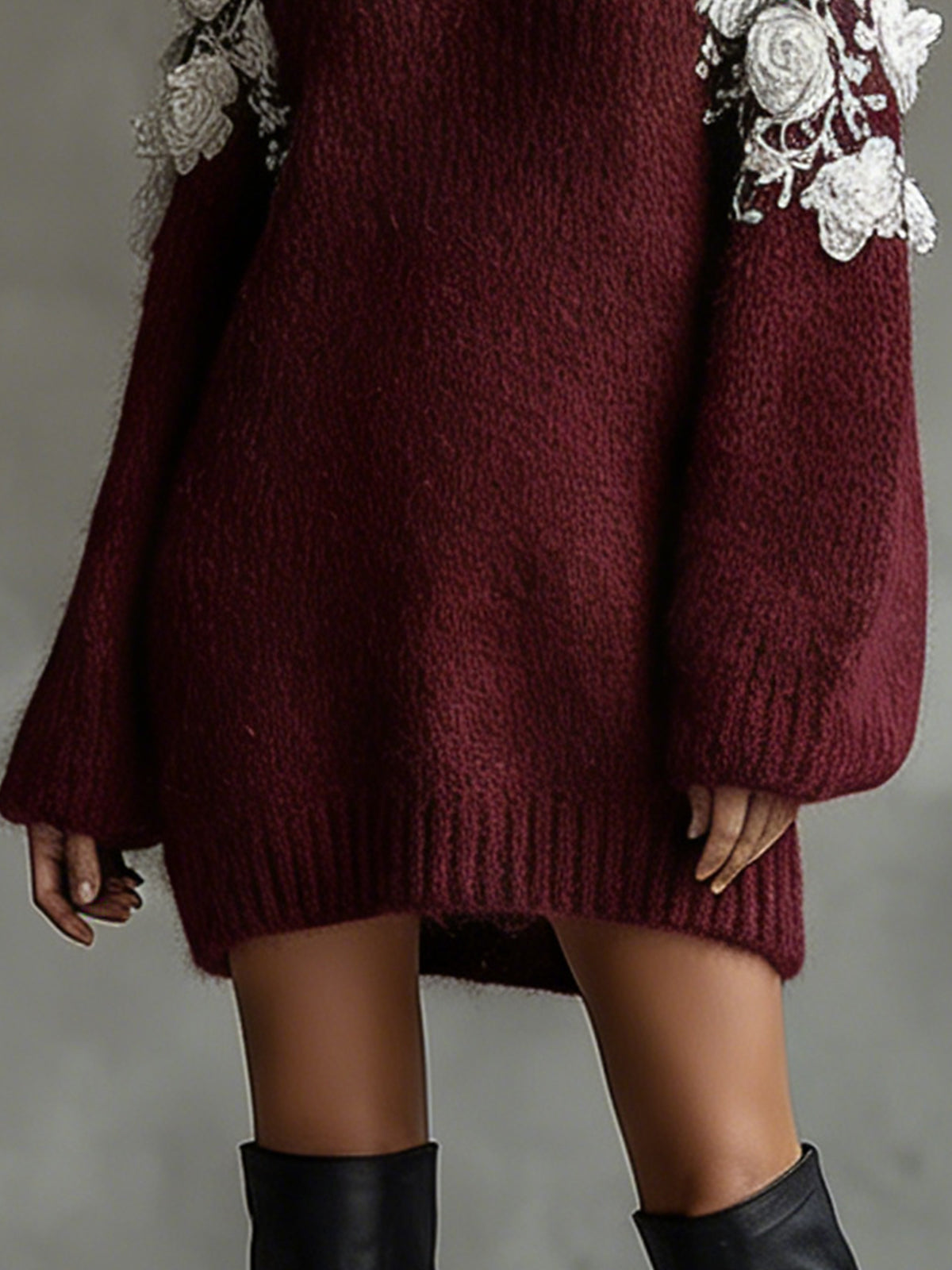 Wine Red Knit Mini Dress With White 3D Floral Shoulder And Deep V-Neck