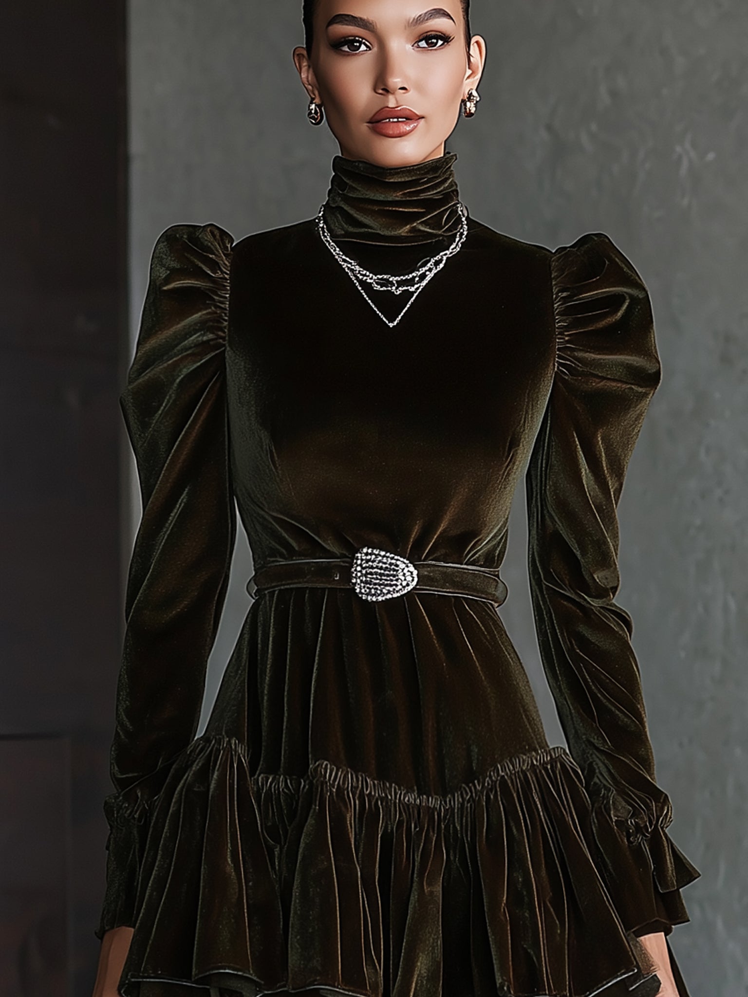 Emerald Velvet High Neck Puff Sleeve Mini Dress