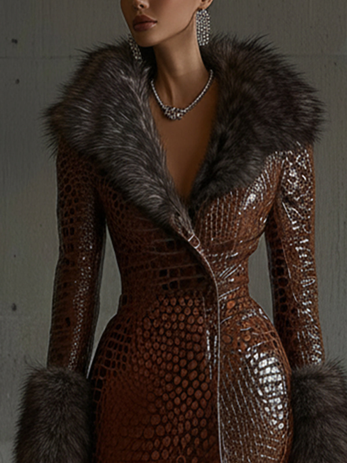 Crocodile Embossed Faux Leather Fur Collar Dress