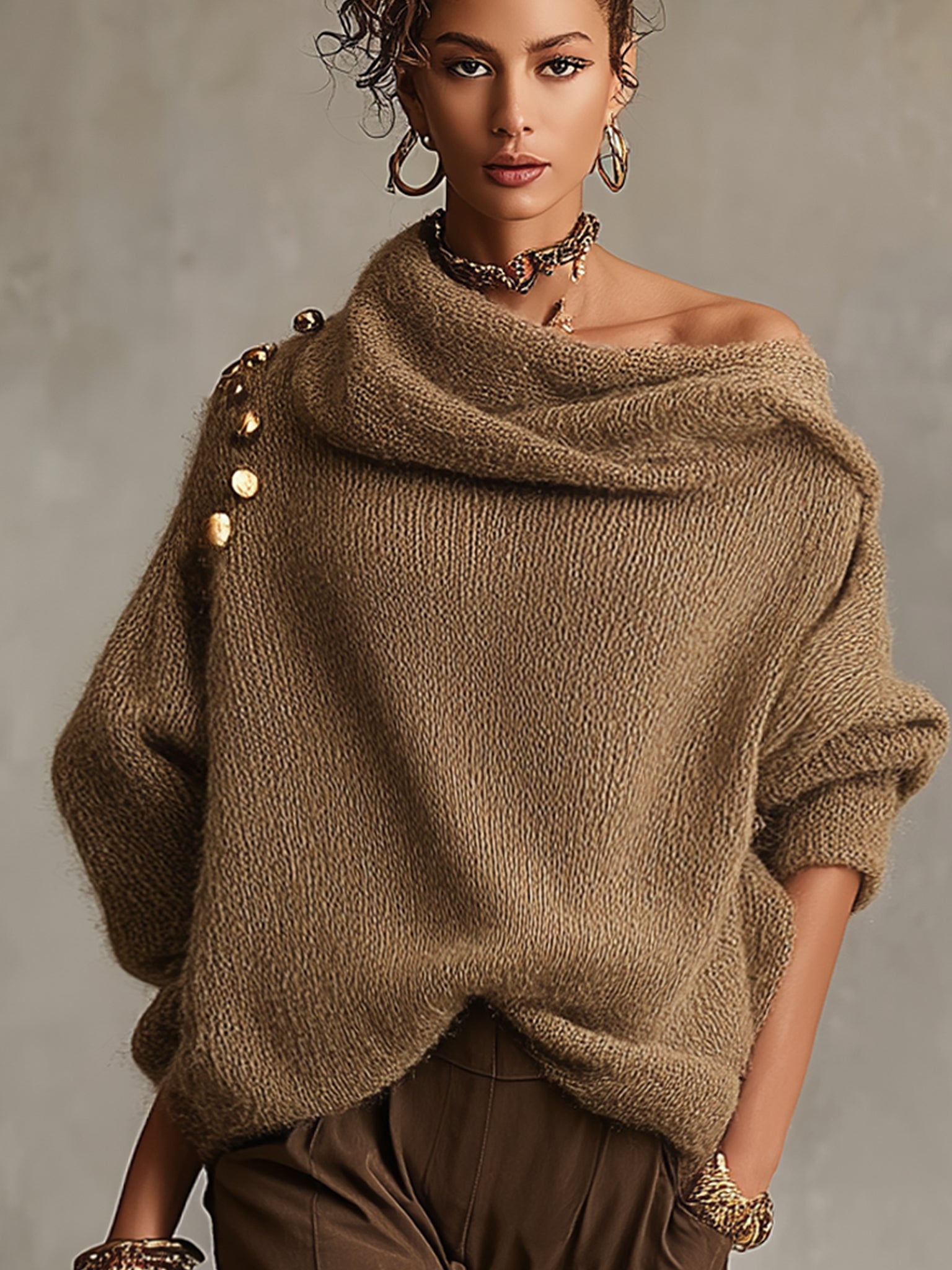 Coffee Mohair Loose Knit Sweater With Metal Button Accents