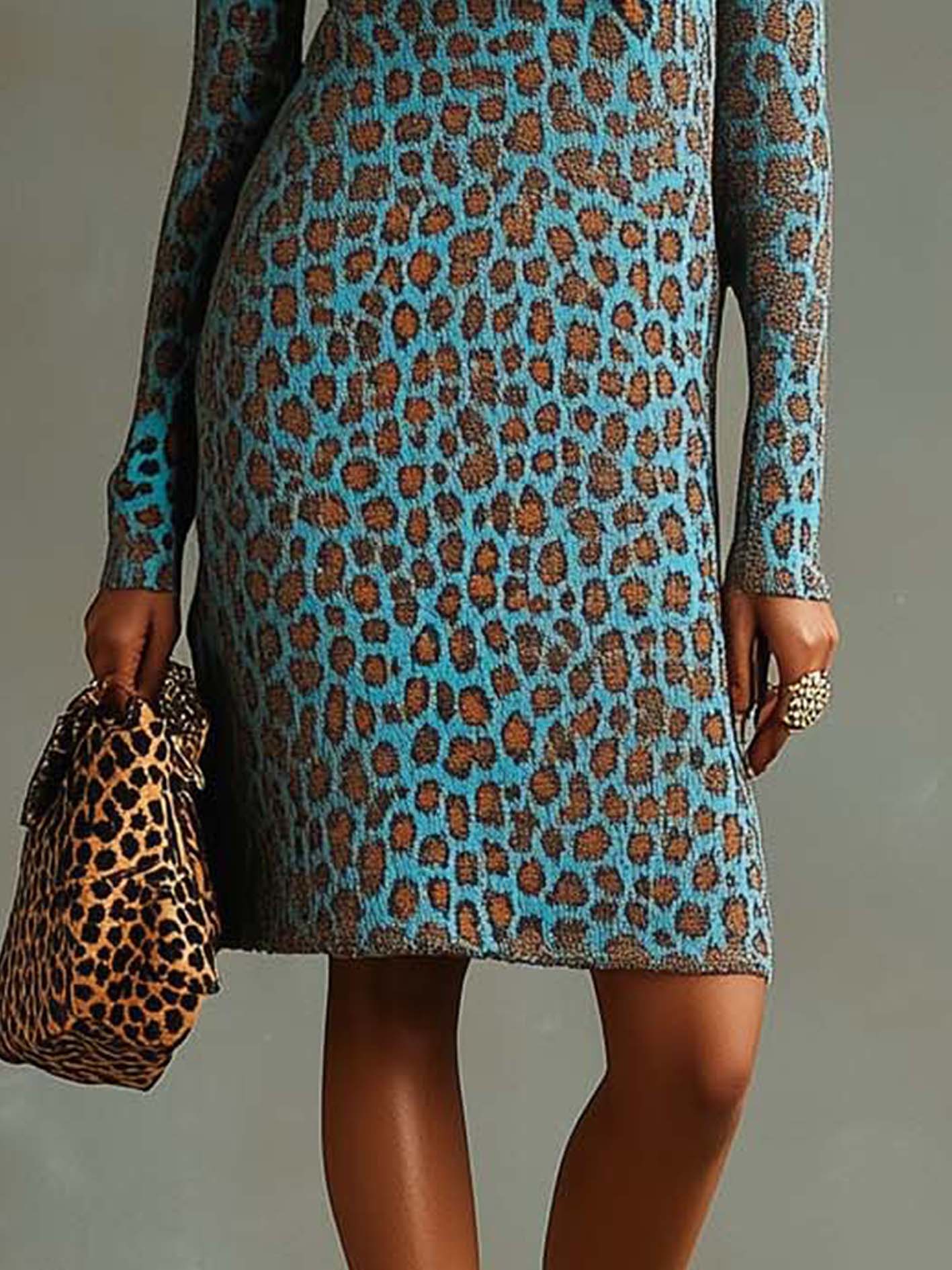 Teal Knitted Midi Dress With Leopard Print And Scarf Neckline