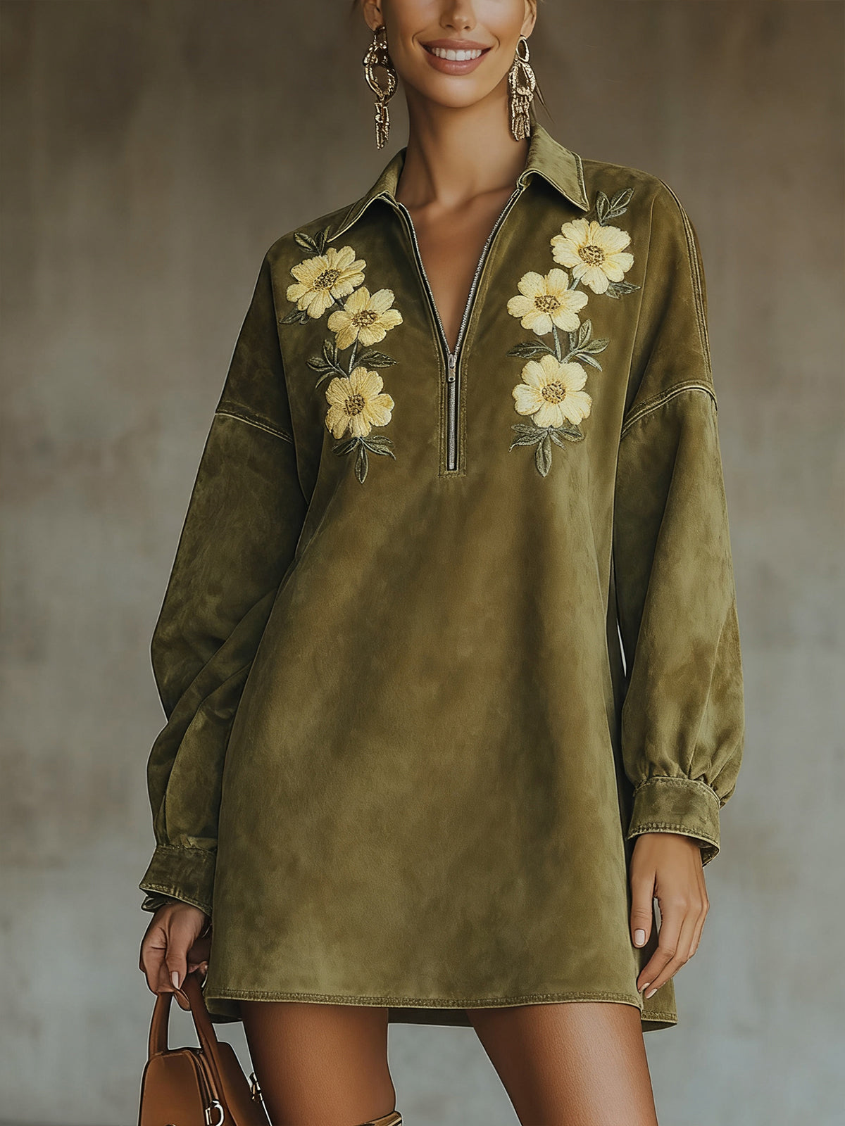Olive Faux Suede Mini Dress With Floral Embroidery