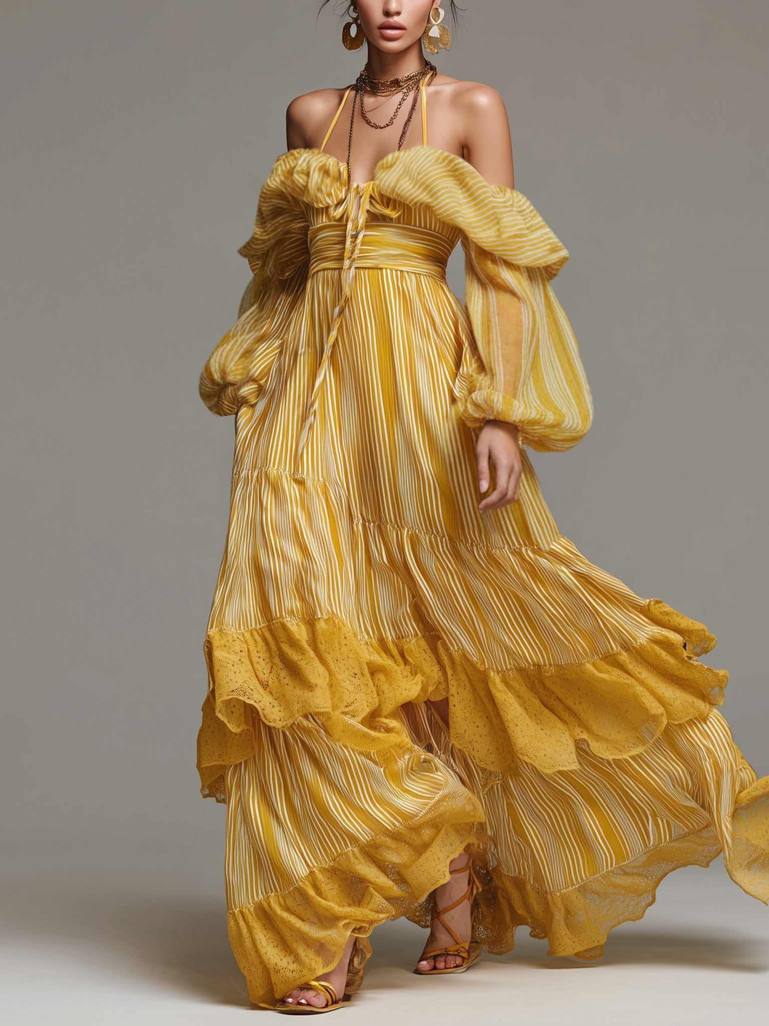 Yellow Striped Off Shoulder Chiffon Maxi Dress