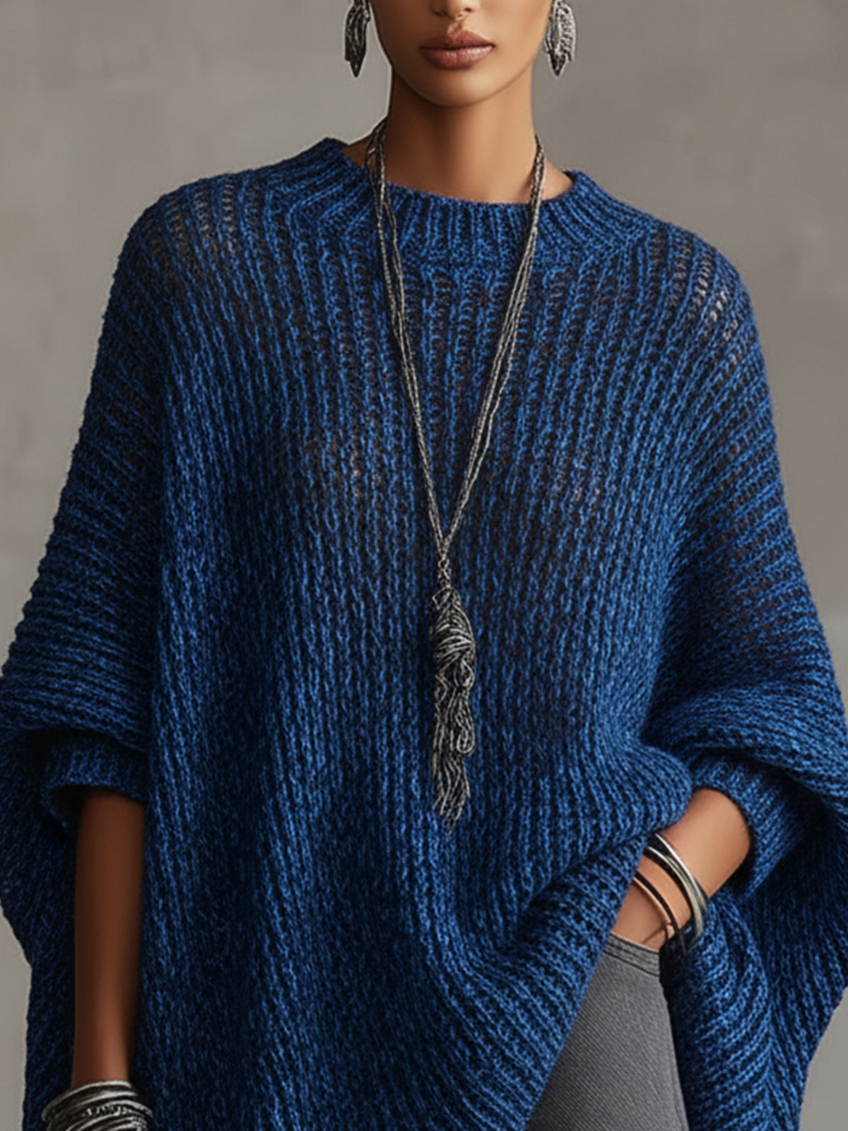 Blue Textured Oversized Knit Sweater