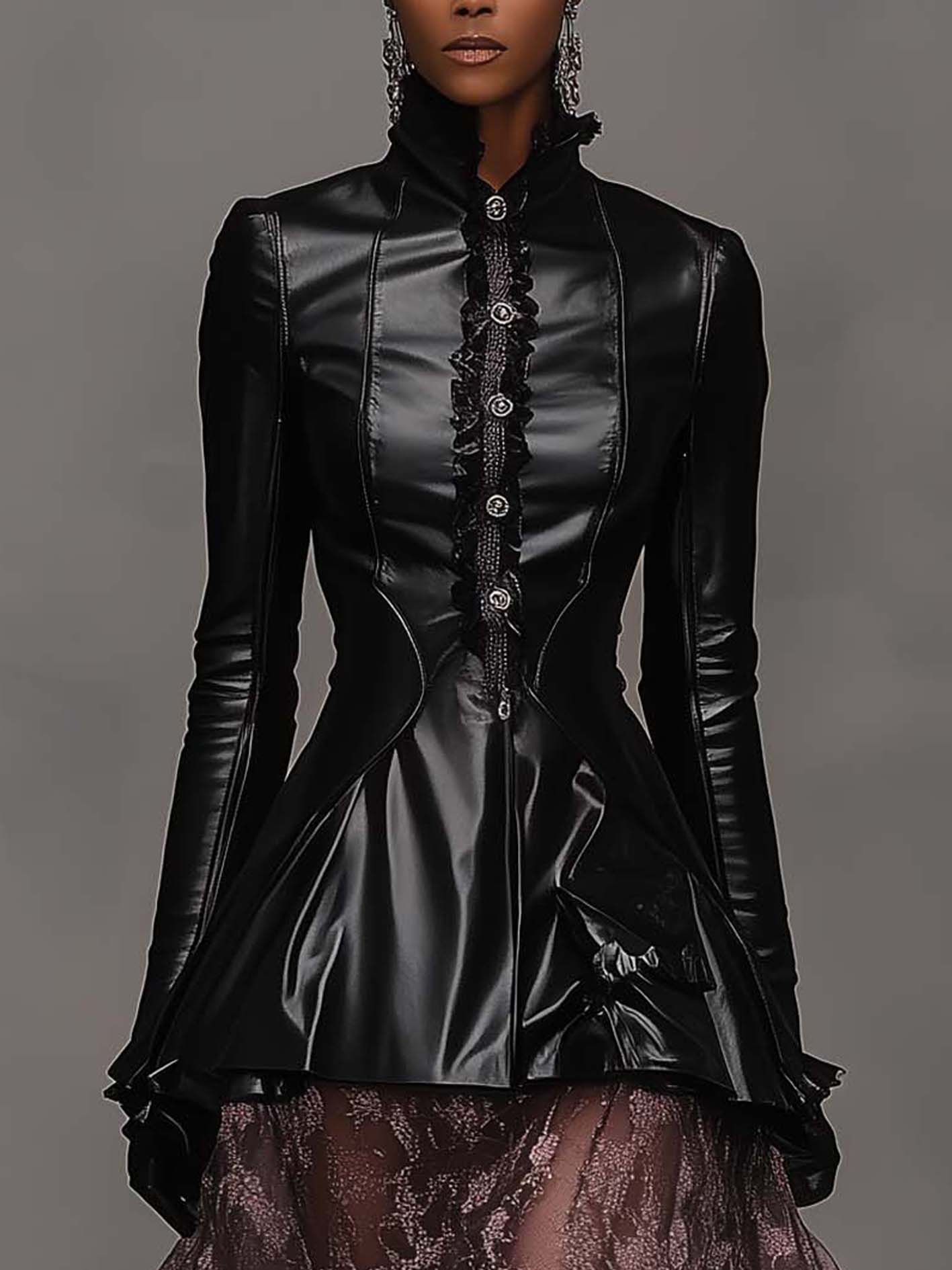 Black Collared Faux Leather Midi Dress With Pink Mesh