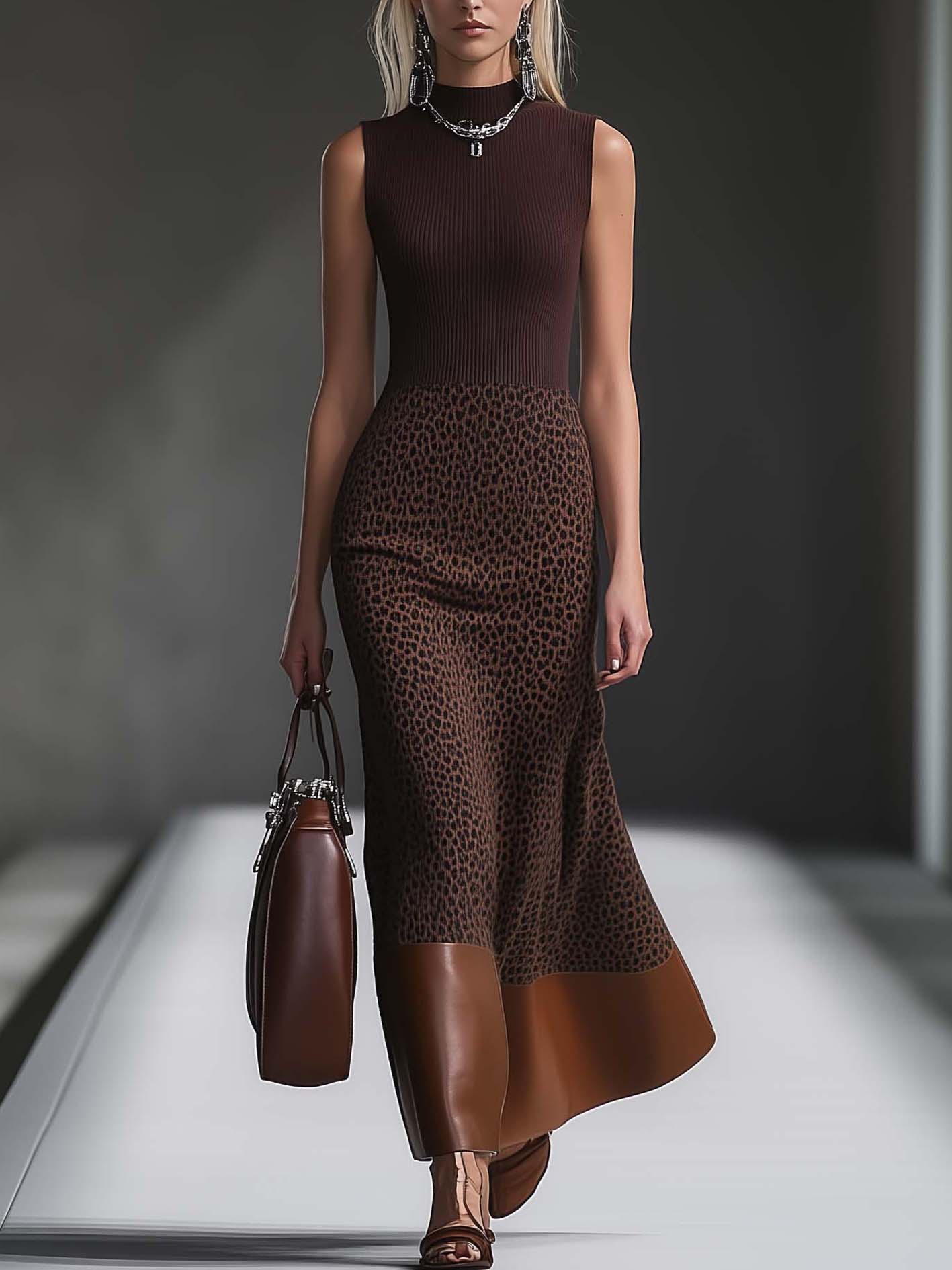 Brown Leopard Print Knit Maxi Dress With Faux Leather Panels