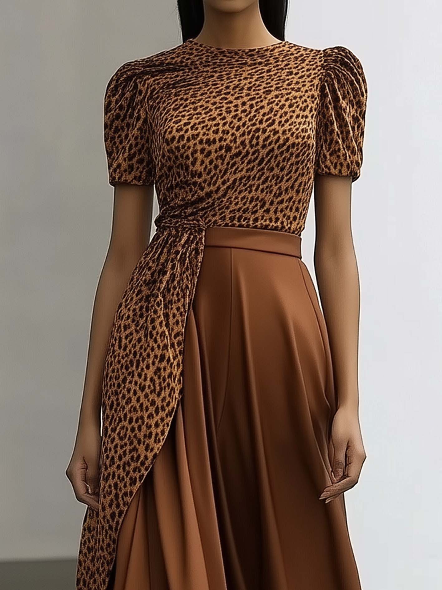 Brown Elegant Maxi Dress With Leopard Print