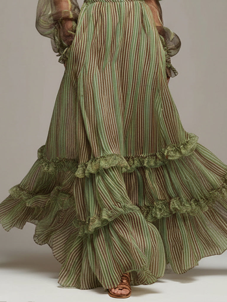 Green Striped Chiffon Off Shoulder Maxi Dress