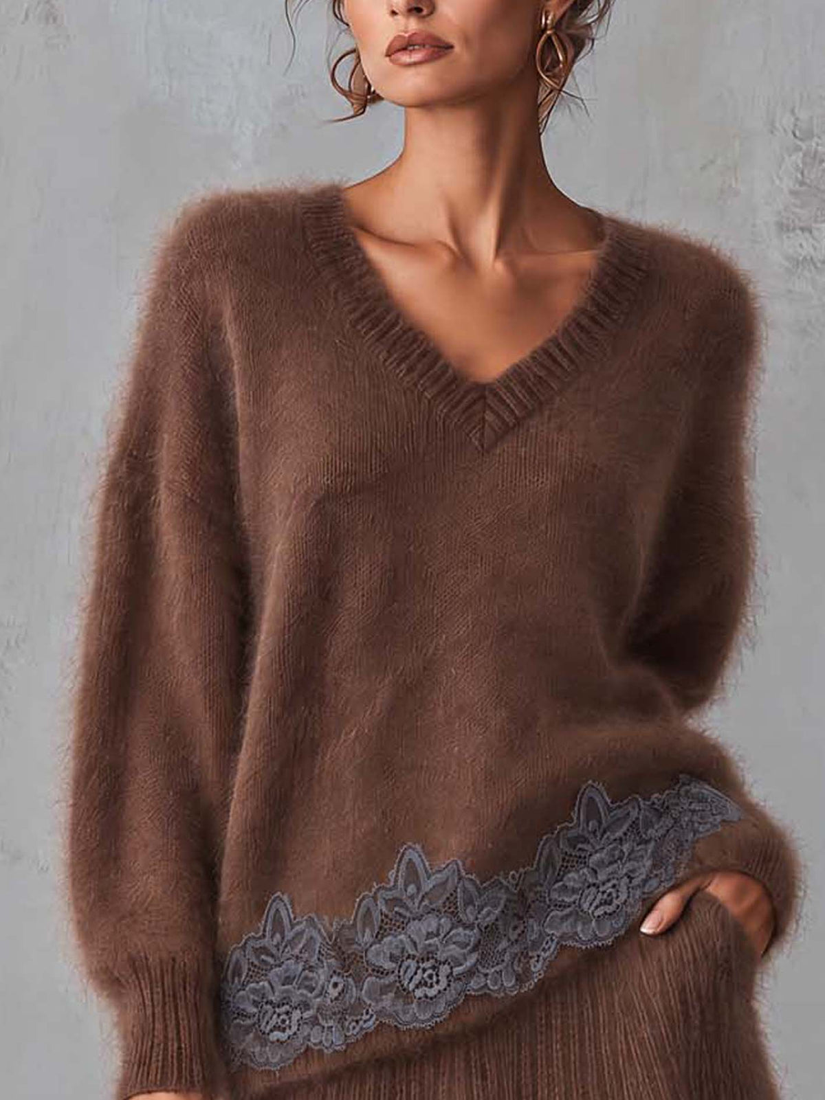 Brown Fuzzy Mohair Sweater With Lace Trim