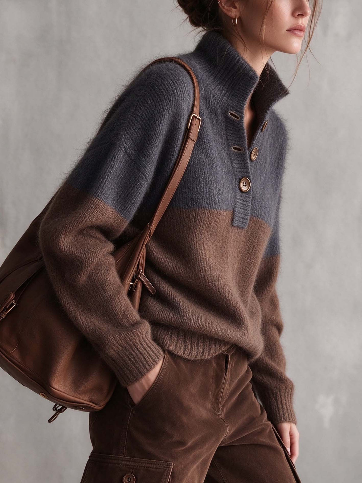 Charcoal Gray And Chocolate Brown Color Block Mohair Sweater With Button Placket