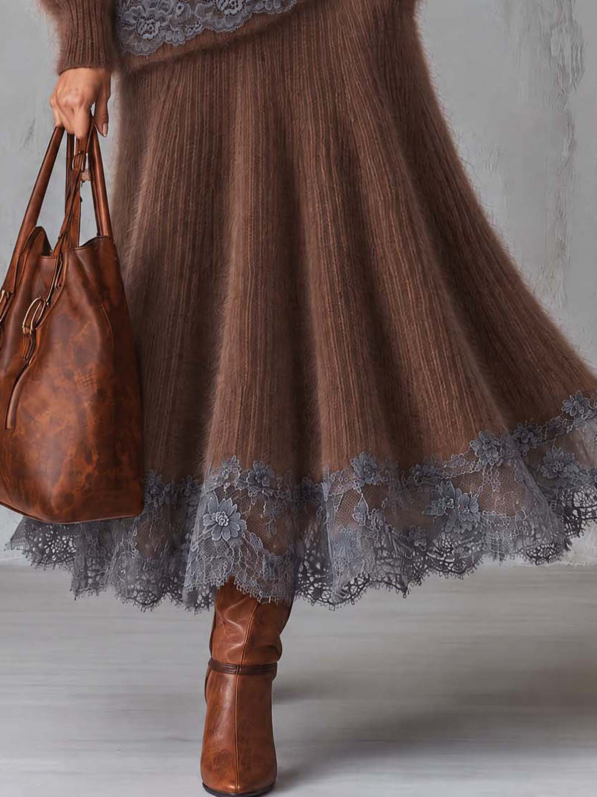Brown Fuzzy Mohair Pleated Maxi Skirt Set With Lace Trim