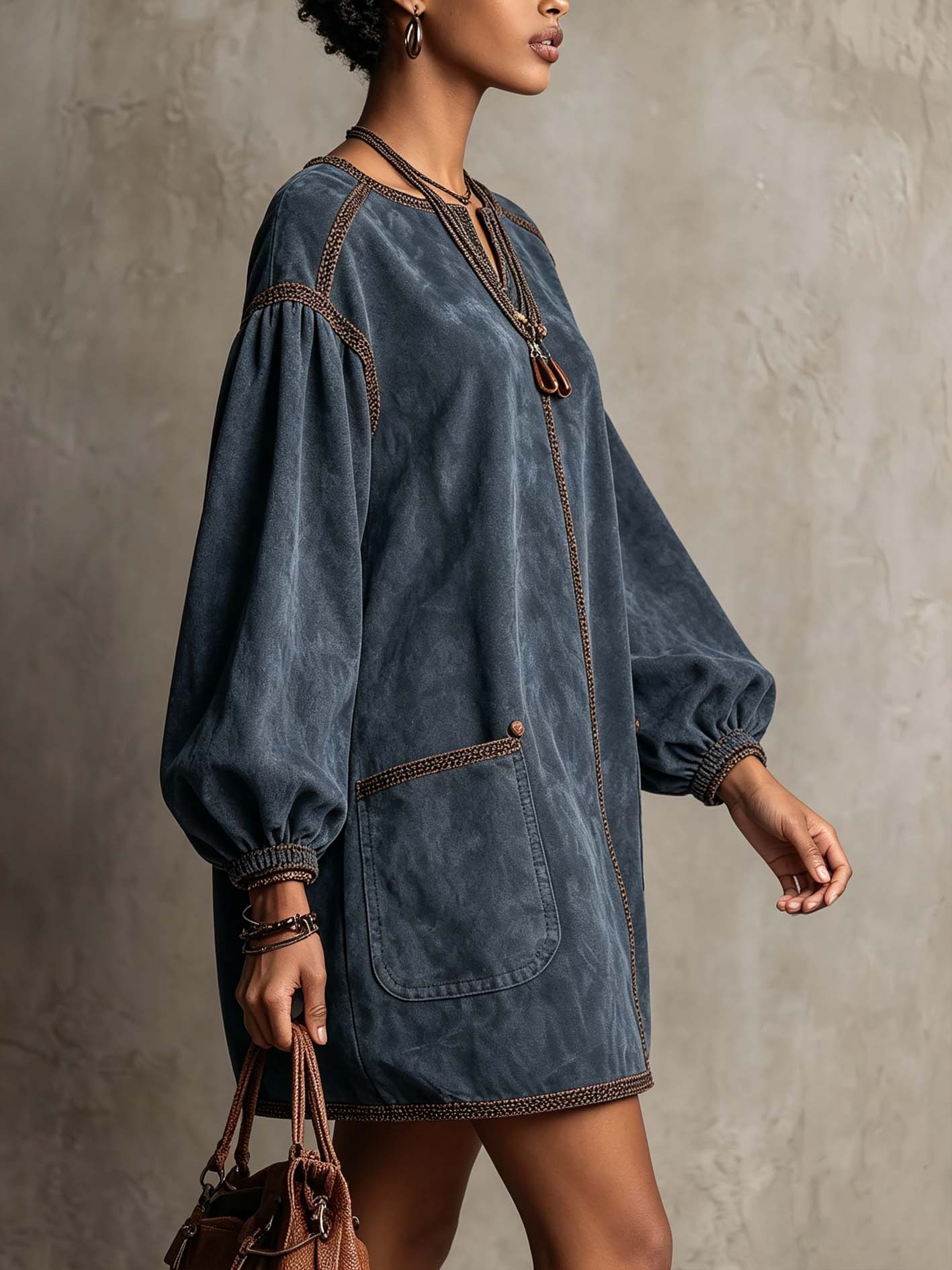 Dusty Blue Faux Suede Mini Dress With Contrast Woven Trim