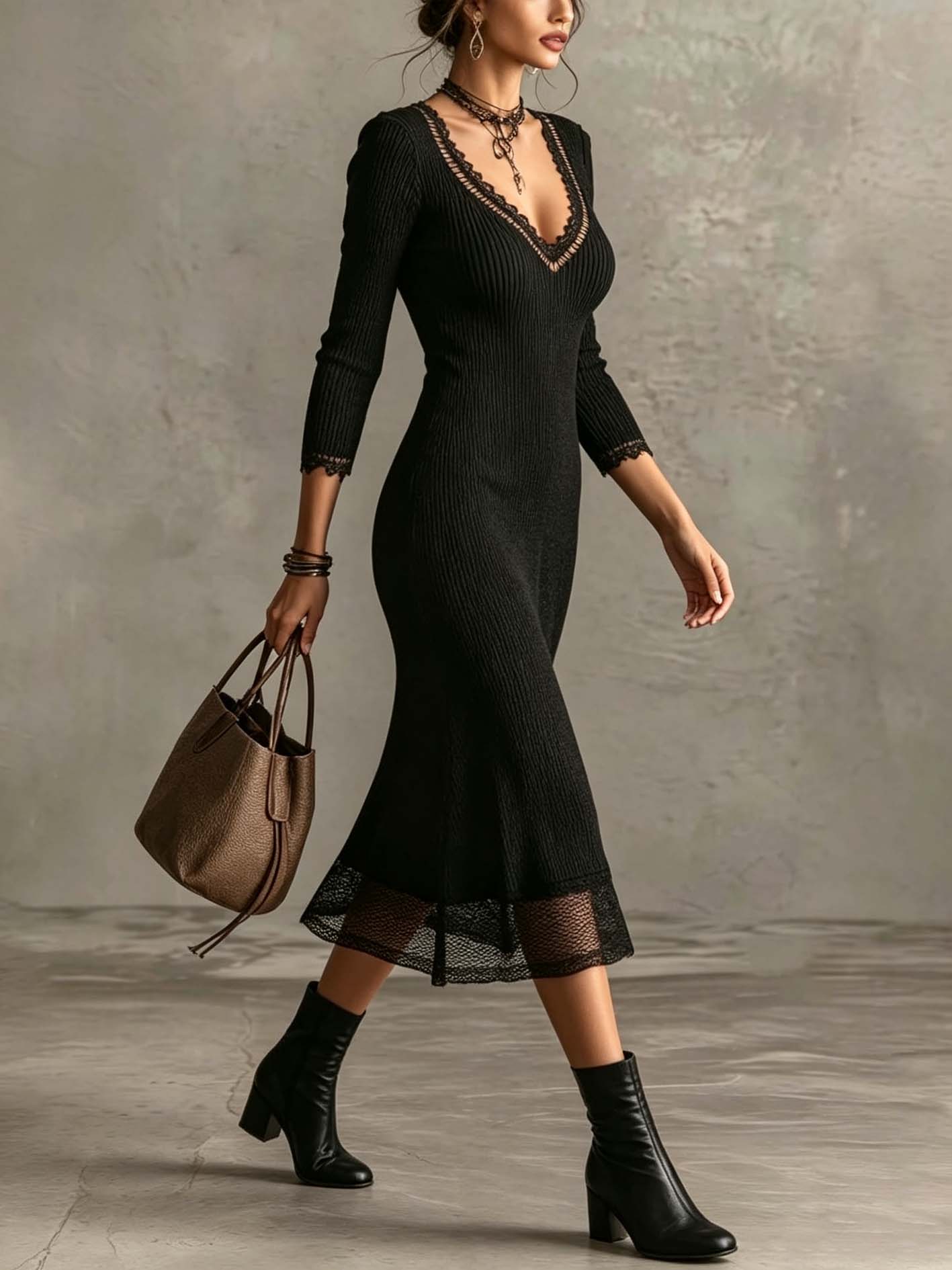 Black Lace Trim Ribbed Knit Midi Dress With Deep V-Neck