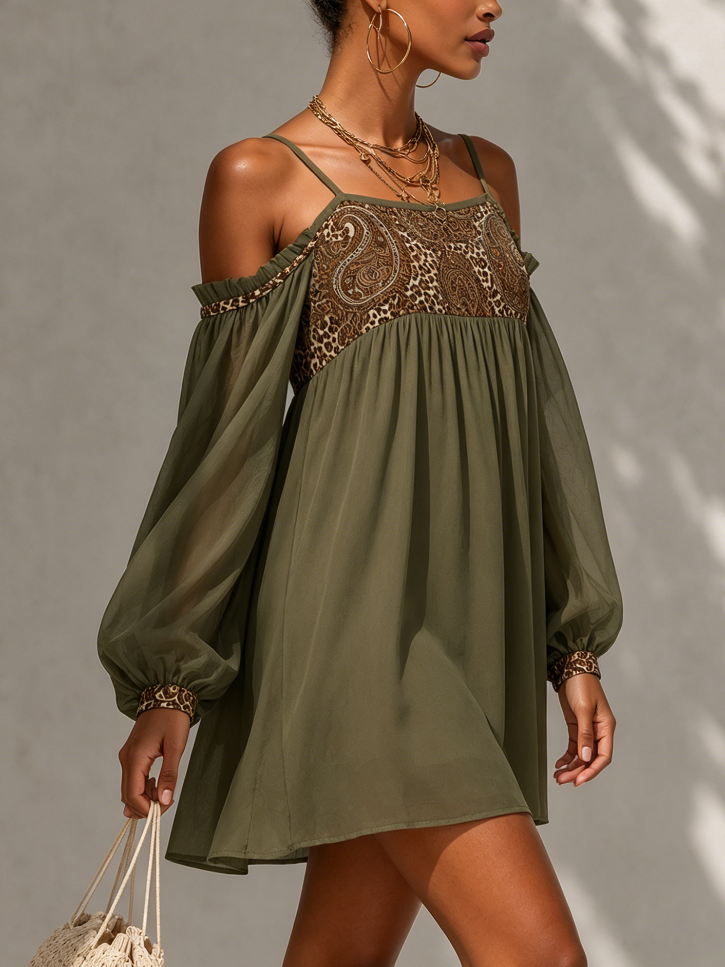 Olive Green Chiffon Vintage Leopard Cold Shoulder Mini Dress