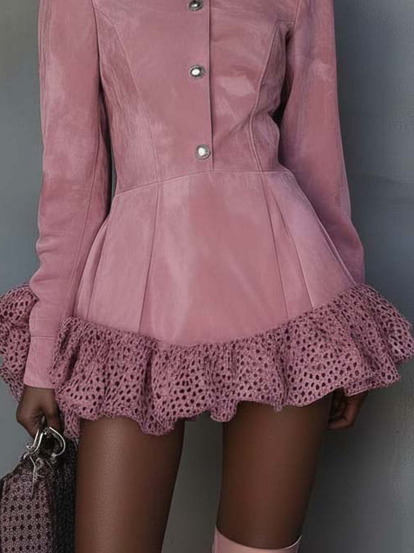 Pink Faux Suede Mini Dress With Leopard Print Ruffles