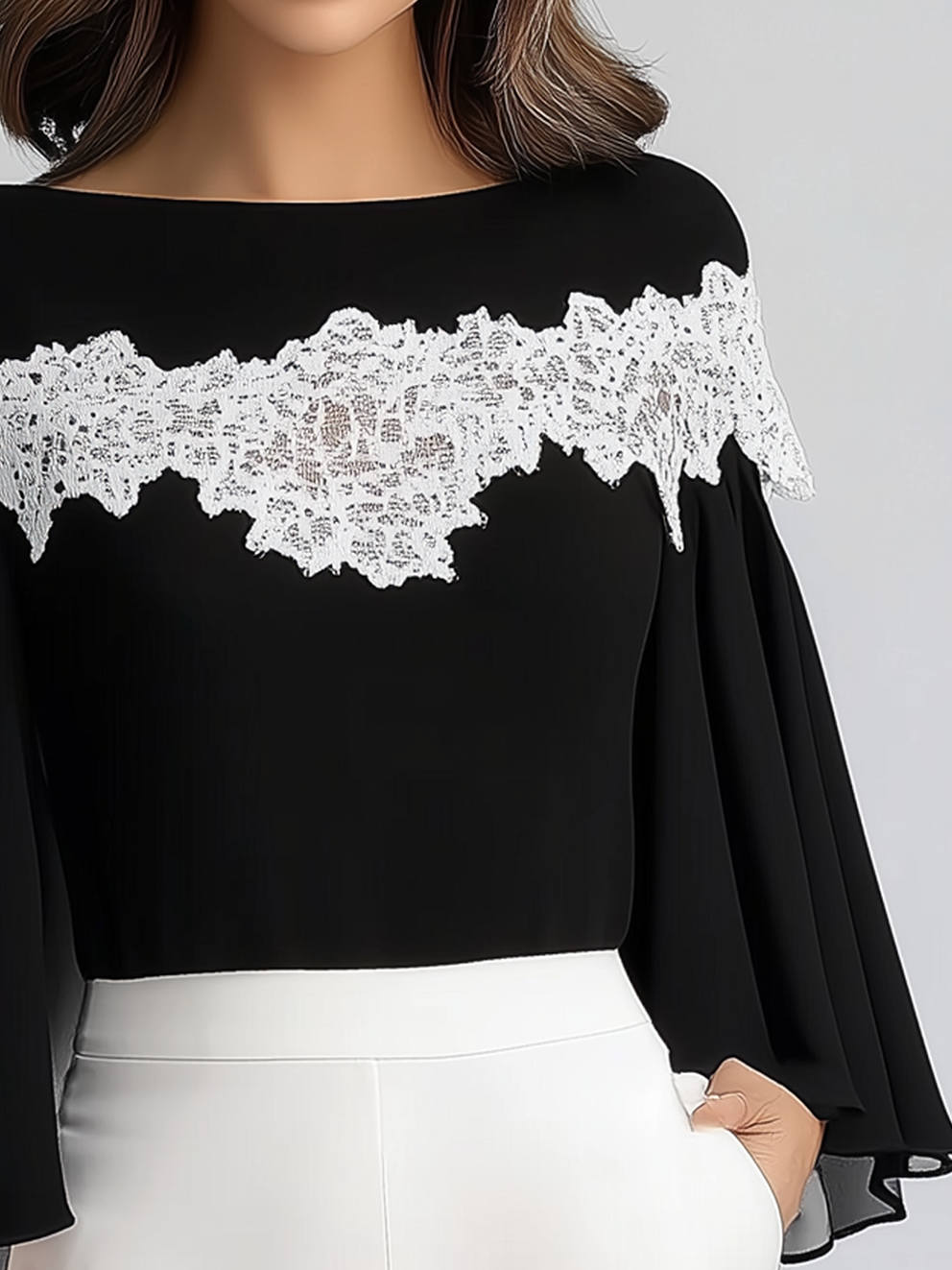 Black Chiffon Shirt With White Lace