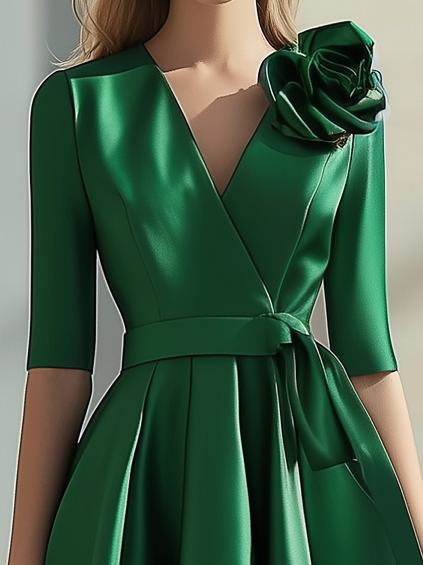 Green Midi Dress With 3D Flower Decoration And Belt