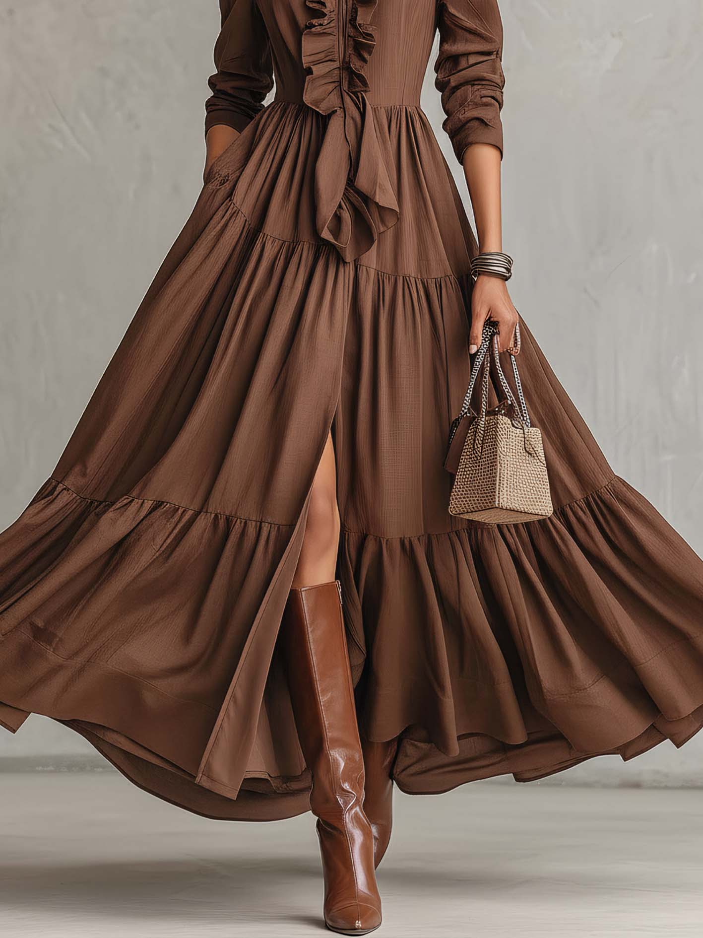 Brown Cotton Linen Ruffled Patchwork Maxi Dress