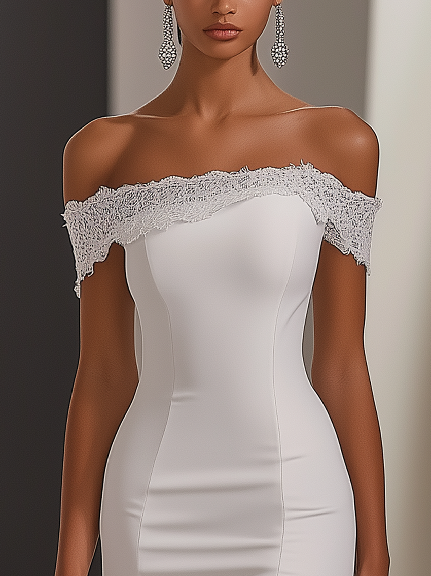 Off-shoulder Neckline With Lace White Midi Bodycon Dress