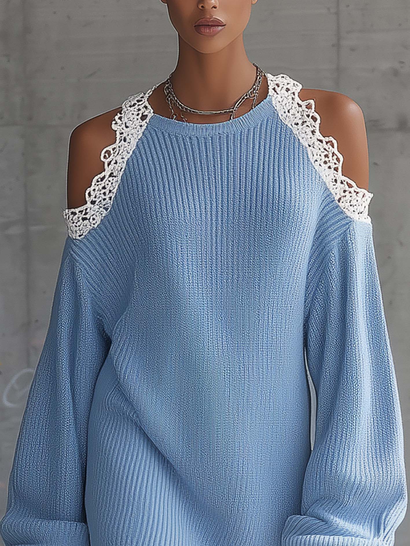 Light Blue Knit Cold Shoulder Mini Dress With White Lace Trim