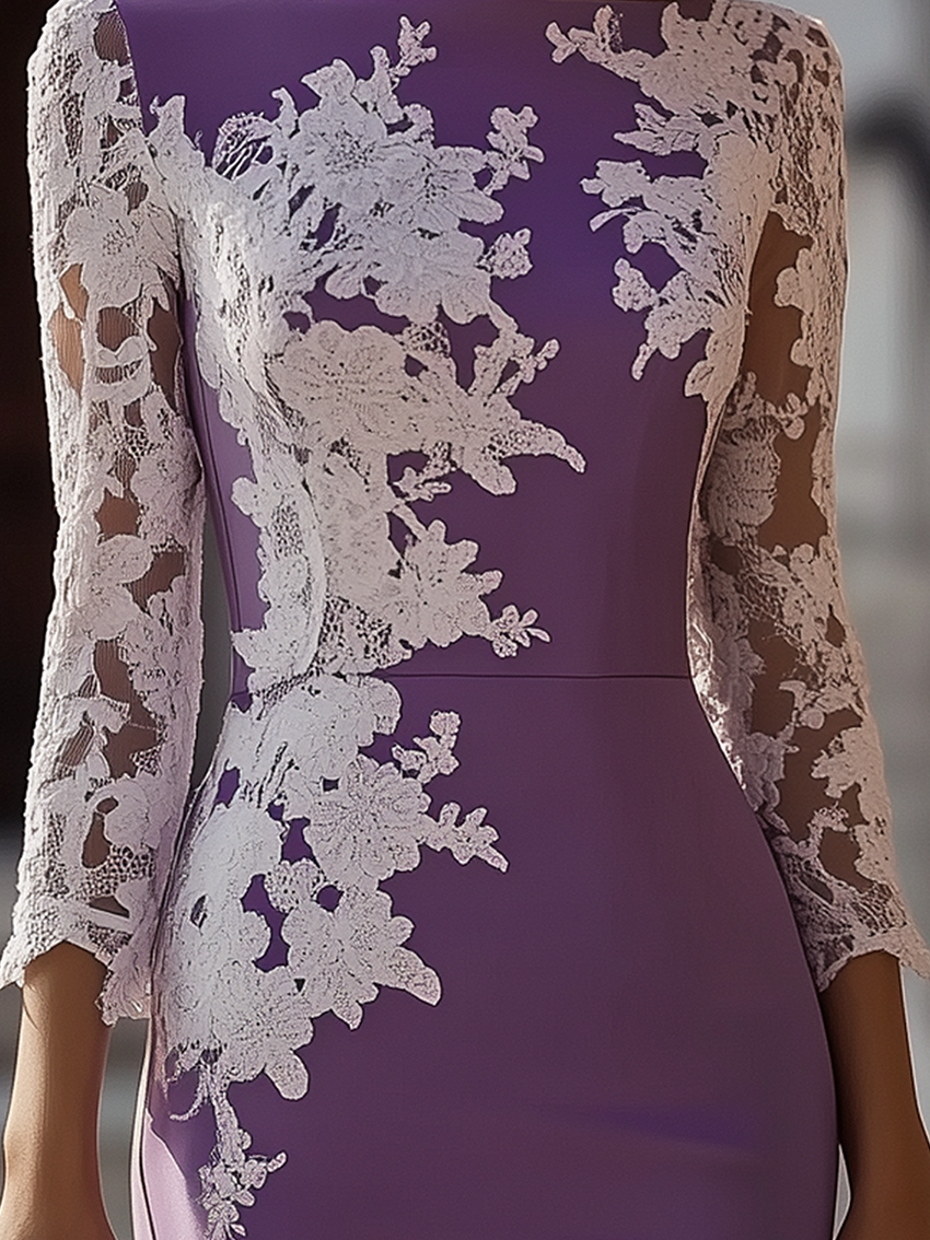 Round Neck Purple Midi Bodycon Dress With White Lace Print And Lace Sleeves