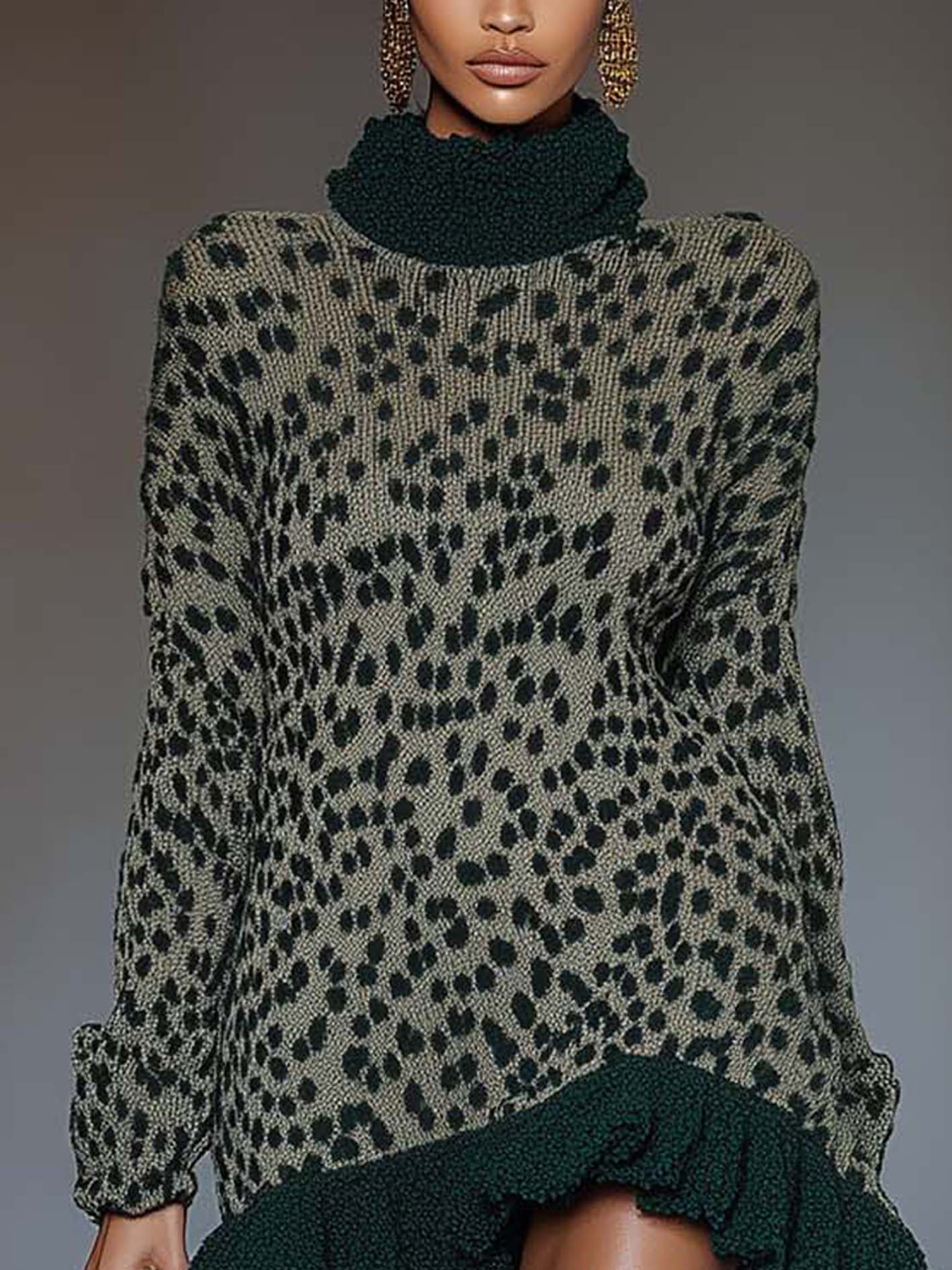 Green Knitted Mini Dress With Polka Dot Patchwork Ruffles