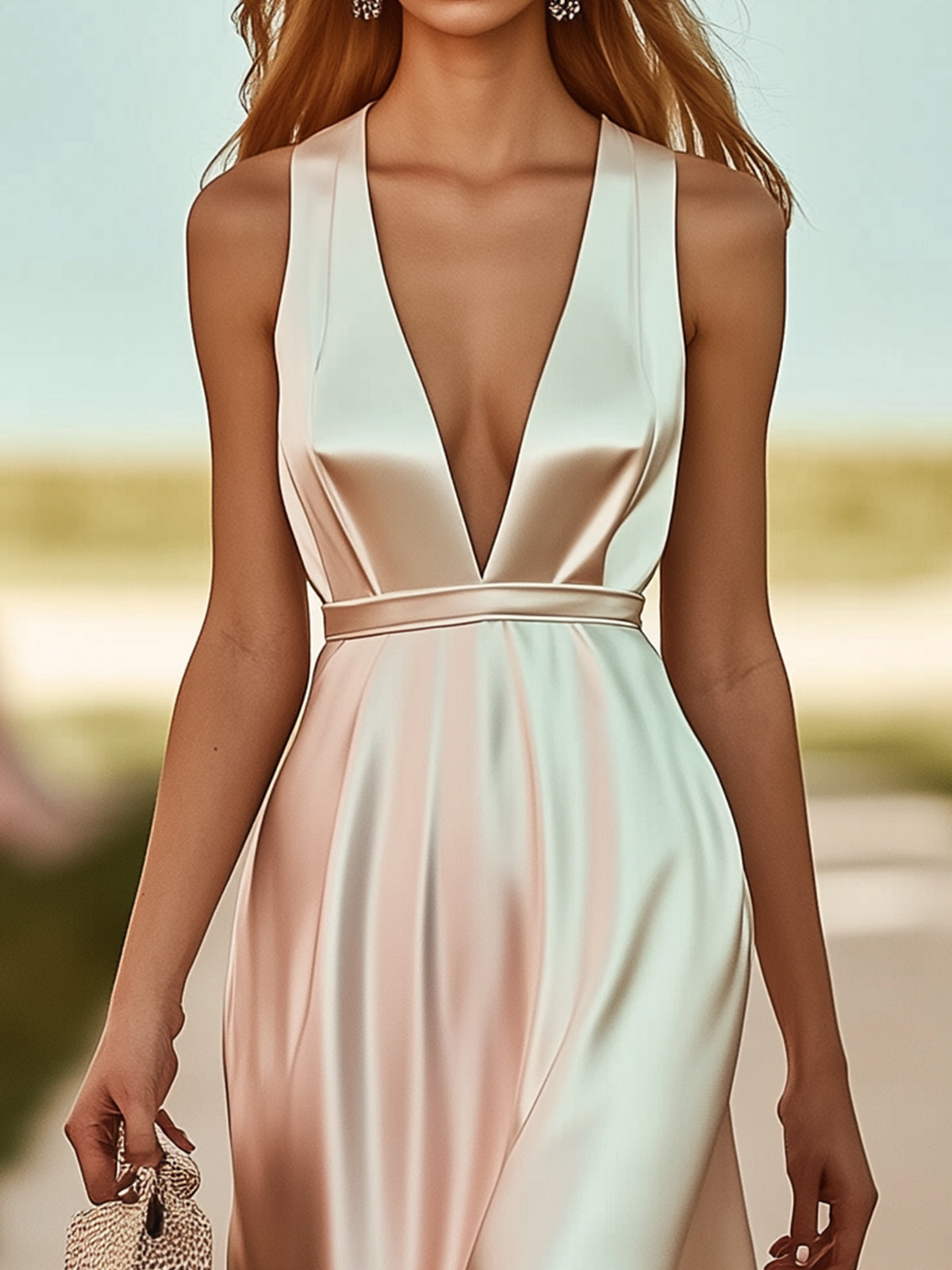 Elegant V-Neck Satin Dress With Green Leopard Print Hem