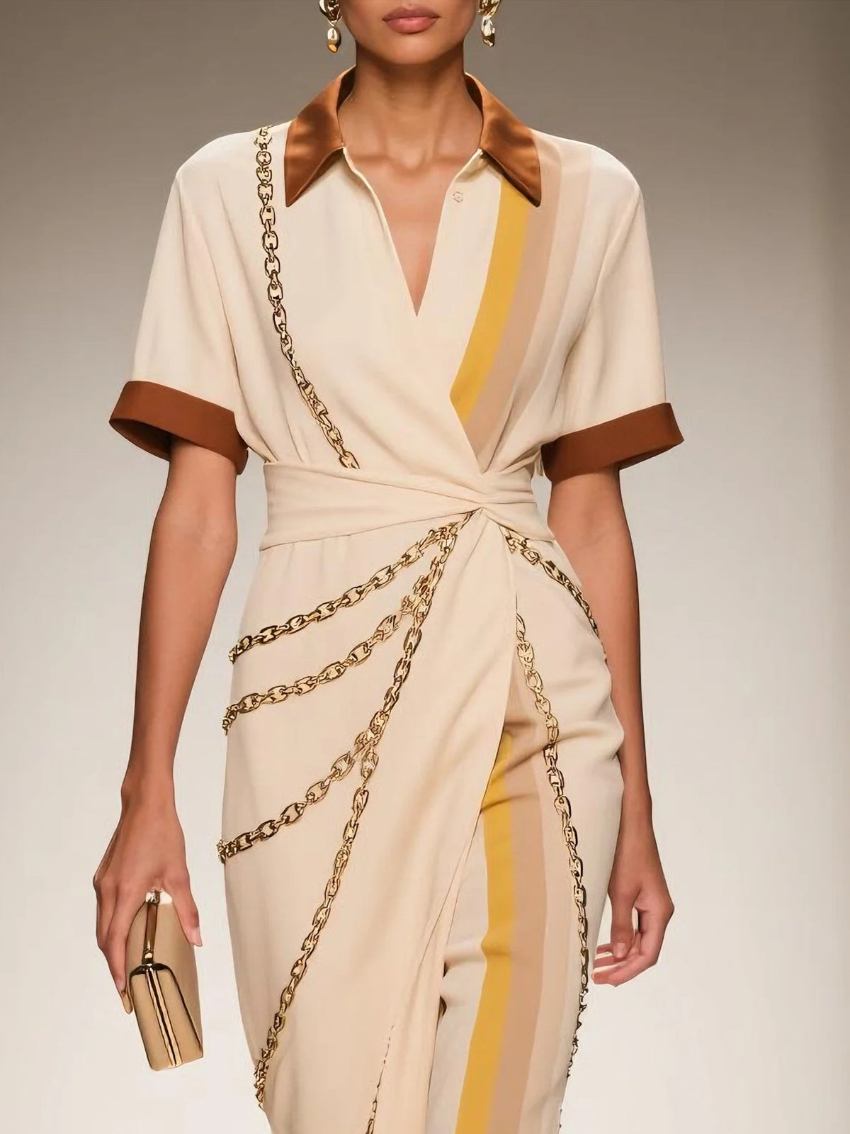 Beige Chain Print Wrap Dress With Satin Collar