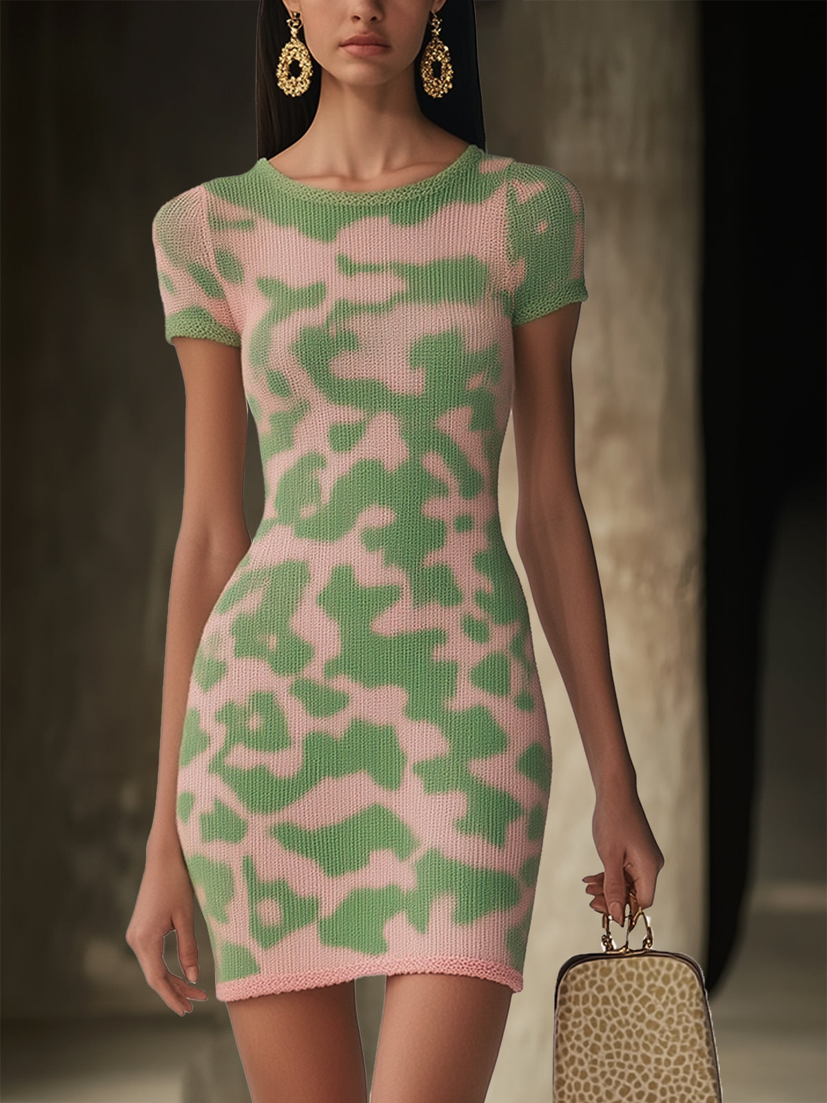 Pink And Green Abstract Print Knit Mini Dress
